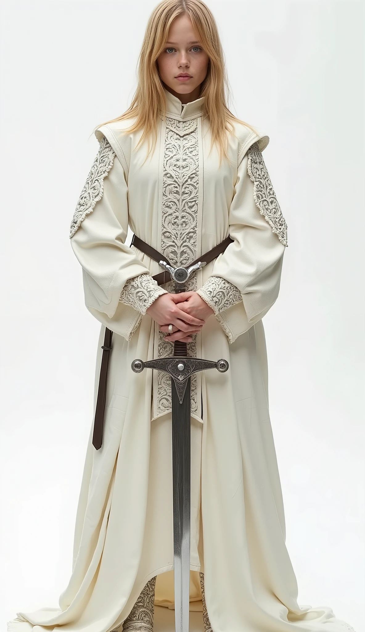  live action 、Genuine、 A beautiful Swiss girl wearing pale white leather armor from the Middle Ages 、 bright blonde 、 Closed 、A beautiful pattern is engraved in silver on that leather armor .、 clear 、 places her hands on the handle of a sword stuck in the ground with both hands、 white background 