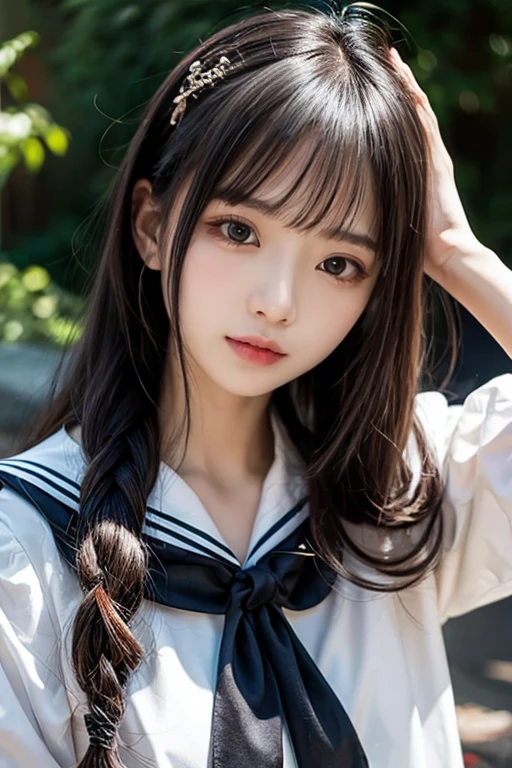 (masutepiece, Best Quality:1.2), 8K, Official art, Raw photo, unbelievable Ridiculous, (Upper body, Sailor Uniform, serafuku:1.4), Beautiful Girl, Pretty Face, arching back down, Navy pleated skirt, close up, School uniform, Short sleeve, gardenia, violaceaess, Teen, Street, Looking at Viewer, No makeup, Film grain, chromatic abberation, Sharp Focus, face lights, Dynamic lighting, Cinematic lighting, Eyes and faces with detailed, Bokeh background, (1 dark red bow tie:1.3)