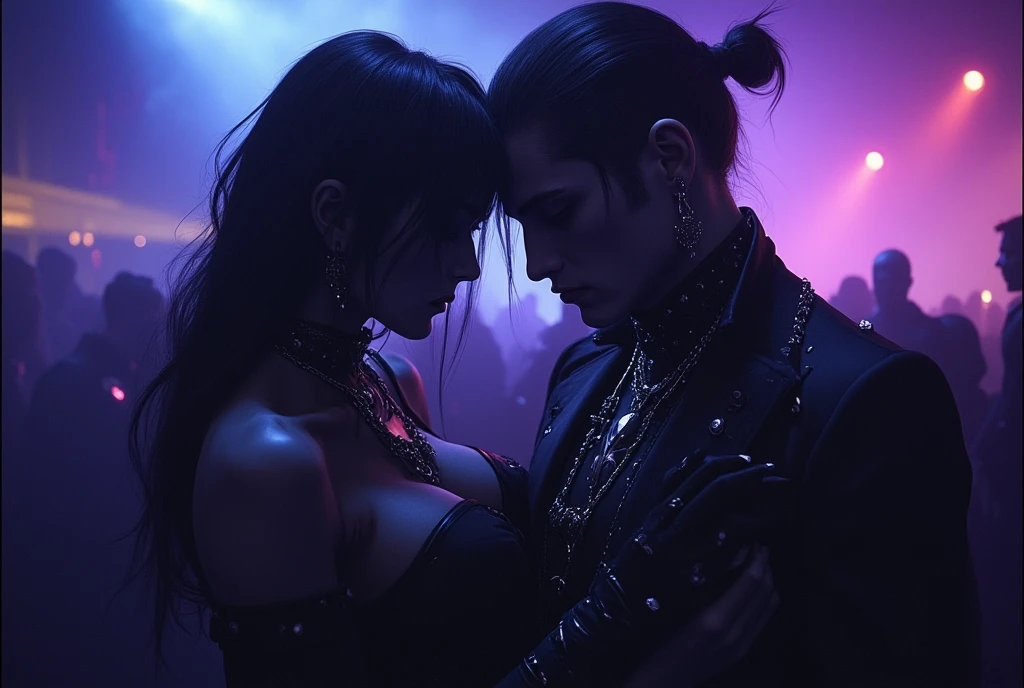 dark fantasy book cover, sexy man in suit with dark brown hair with a sexy native woman dressed as a witch with purple highlights in her hair, shes in a sexy outfit wearing gloves and giving him an apple