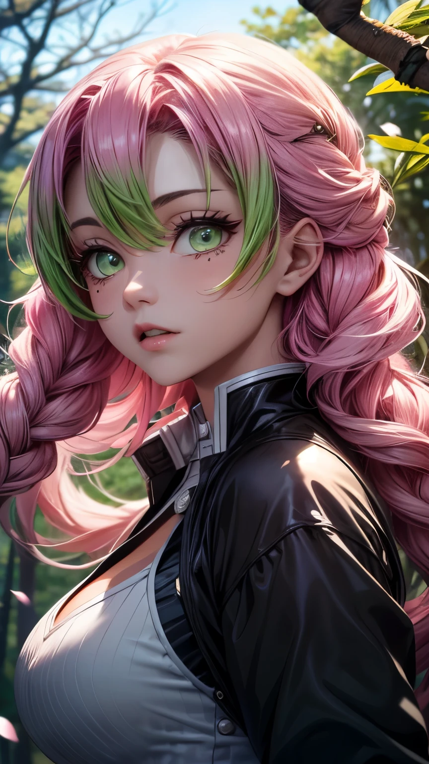Extremely detailed and high-resolution masterpiece by Mitsuri Kanroji the beautiful and deadly demon slayer in dynamic action. Several butterflies in pink and green , Accentuate the detailed details of your outfit and the decisive expression on your face . Twilight scene , with a forest and cherry blossom leaves in the background. Use rich colors and volumetric light , to create a sense of ethereal beauty and power , green detailed eyes .