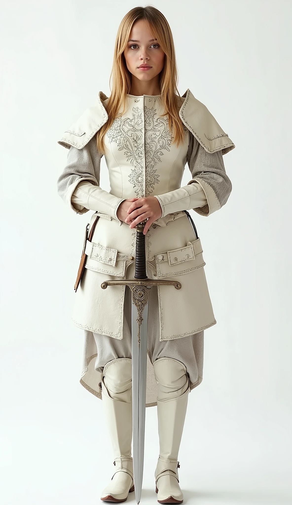 live action 、Genuine、 A beautiful Swiss girl wearing pale white leather armor from the Middle Ages 、 bright blonde 、 Closed 、A beautiful pattern is engraved in silver on that leather armor .、 clear 、 places her hands on the handle of a sword stuck in the ground with both hands、 white background