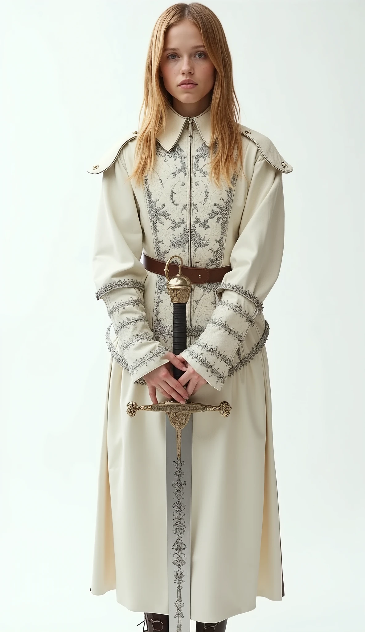 live action 、Genuine、 A beautiful Swiss girl wearing pale white leather armor from the Middle Ages 、 bright blonde 、 Closed 、A beautiful pattern is engraved in silver on that leather armor .、 clear 、 places her hands on the handle of a sword stuck in the ground with both hands、 white background