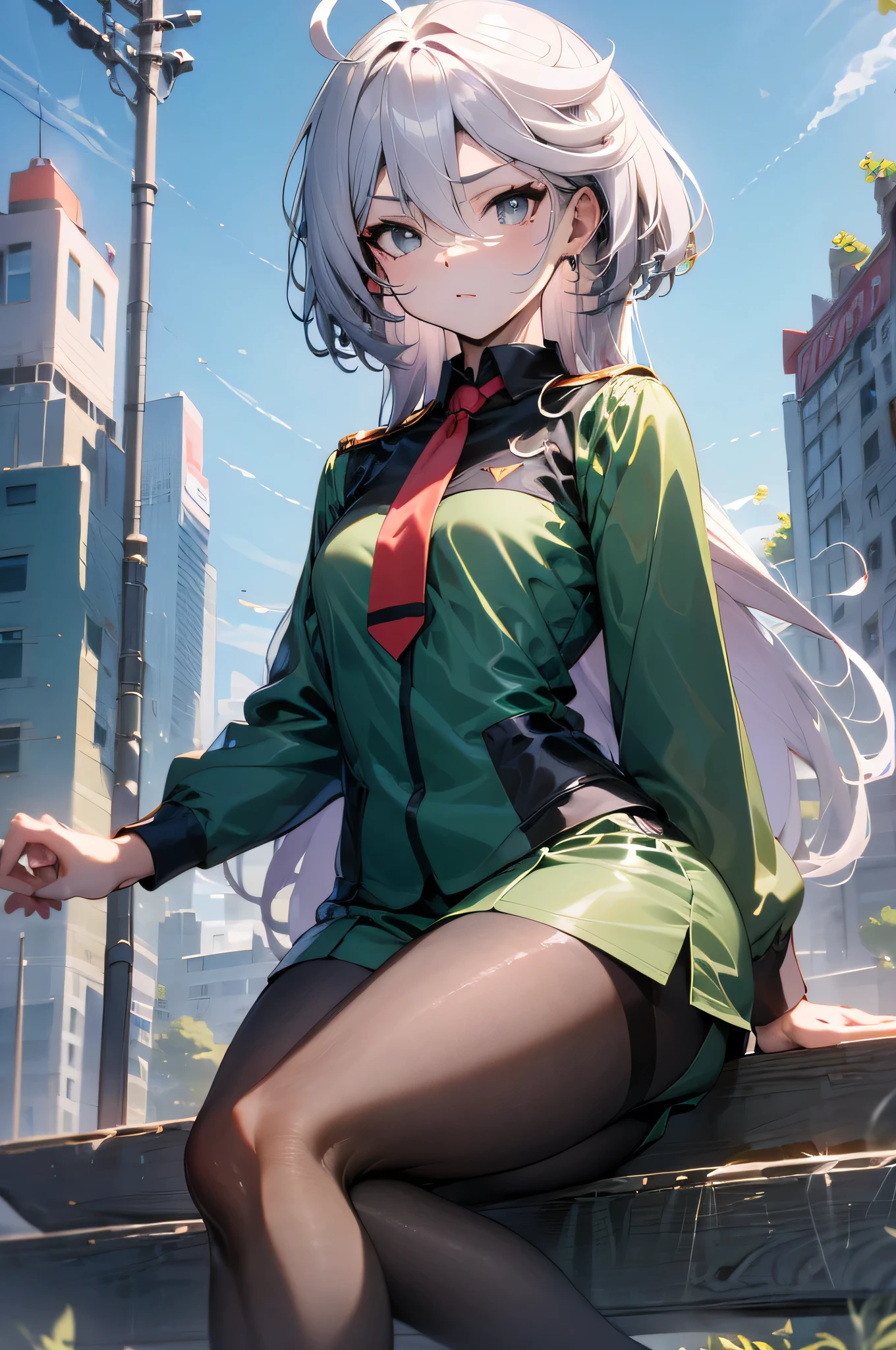 miorineRembran,
miorine rembran,
asticassia school uniform,
shorts,
green shorts, Grey Eyes, Grey Hair, Ahoge, Seamed legwear, Green shorts, tie, bangs, Hair between the eyes, Black Pantyhose, Long sleeve, Green jacket, red tie, , (natural side lighting, movie lighting), outdoor,city,masterpiece ,8k unity wallpaper,anime key visual,highest quality, High resolution, unity 8k wallpaper, (shape:0.8), highly detailed face,highly detailed eye,glowing eyes , shiny skin,fine skin,white skin,dense skin,detailed hair,highly detailed legs,perfect lighting, Detailed CG, (perfect hands, perfect anatomy),High resolution,(Detailed wear ),slender limbs, delicate curves, dainty hands,figure:0.8,