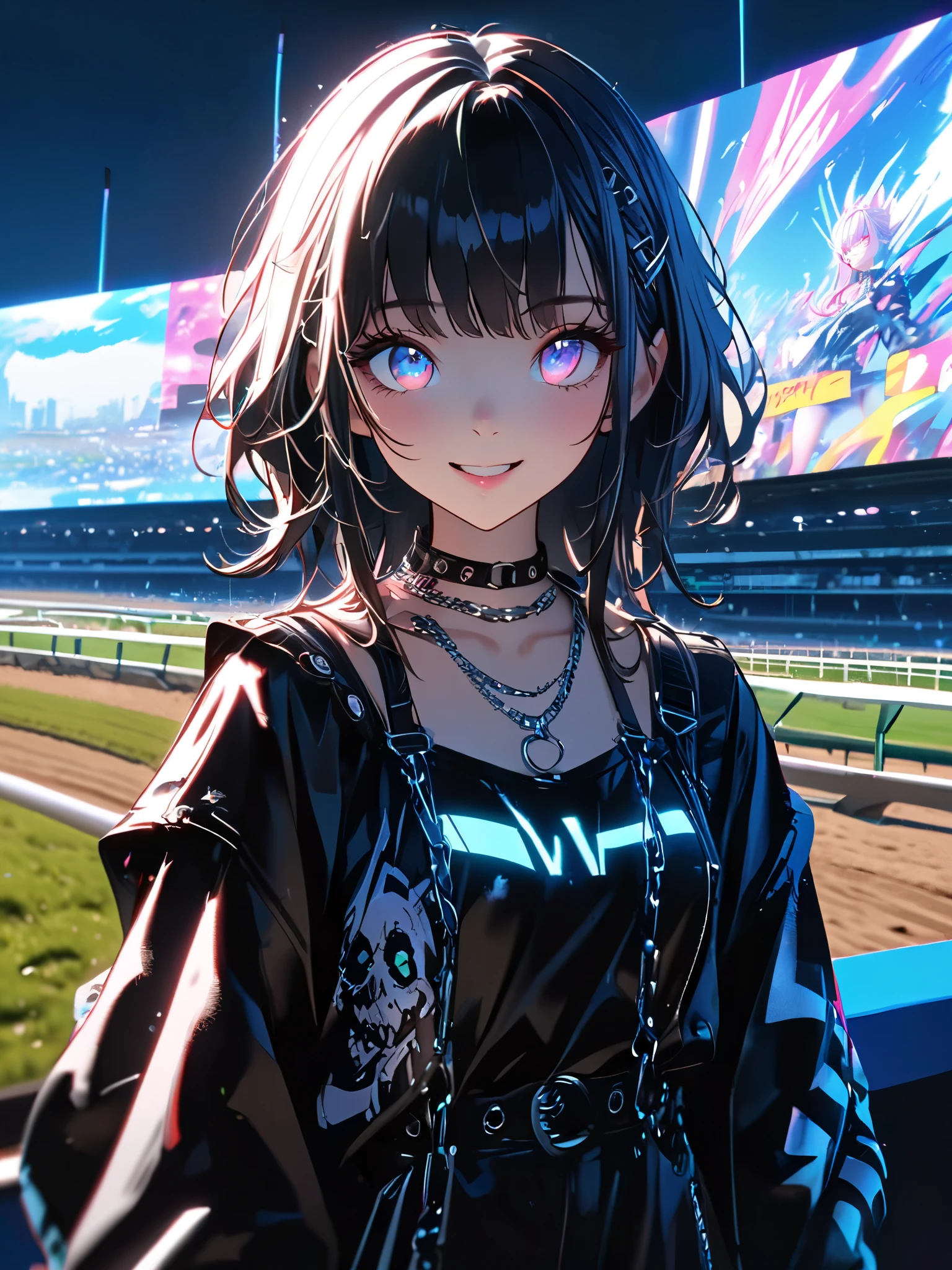                                                                        1 girl,                                                       a              is cute  dress with a long coat  、  in                  ,                                                                               beautiful eyes、                  keyboard every little detail                     , Soft light, Masterpiece,                                                                 ,                                                          complicated                            ,                                                                   Tone Mapping                                                                                                          .          Charterner v2         , ,                                                                               clear focus                                                         ,                                                                                dramatic lighting                                , Very cinematic, super Practical painting,   art station trend , 8k,                   の素晴らしい影が付いた            keyboard                  , Practical,  whole body, View, Viewers, Portrait of a Girl 1,                          standing at the racecourse                                                , Heavy rain and thunder、Dark Skies, neon and cyber punk background, she is dressed in punk clothing with silver chains and silver spikes,                                                                    彼女の髪teeth黒く染まっている                                                                ..........Ominous aura of light, smile, punk, ciber punk, backlit.                                                                                  :                                         is cute  ,                              .                      standing at the racecourse                   ,               .           Beautiful red eyes.                           is cute  ,                       keyboard          .   .     teeth    .           Turned on      keyboard         、 {x},                       A girl around 20 years old is wearing a long leather coat       .Breasts are big.Breasts are big.  Turned on  .Crimson Eyes.Cool