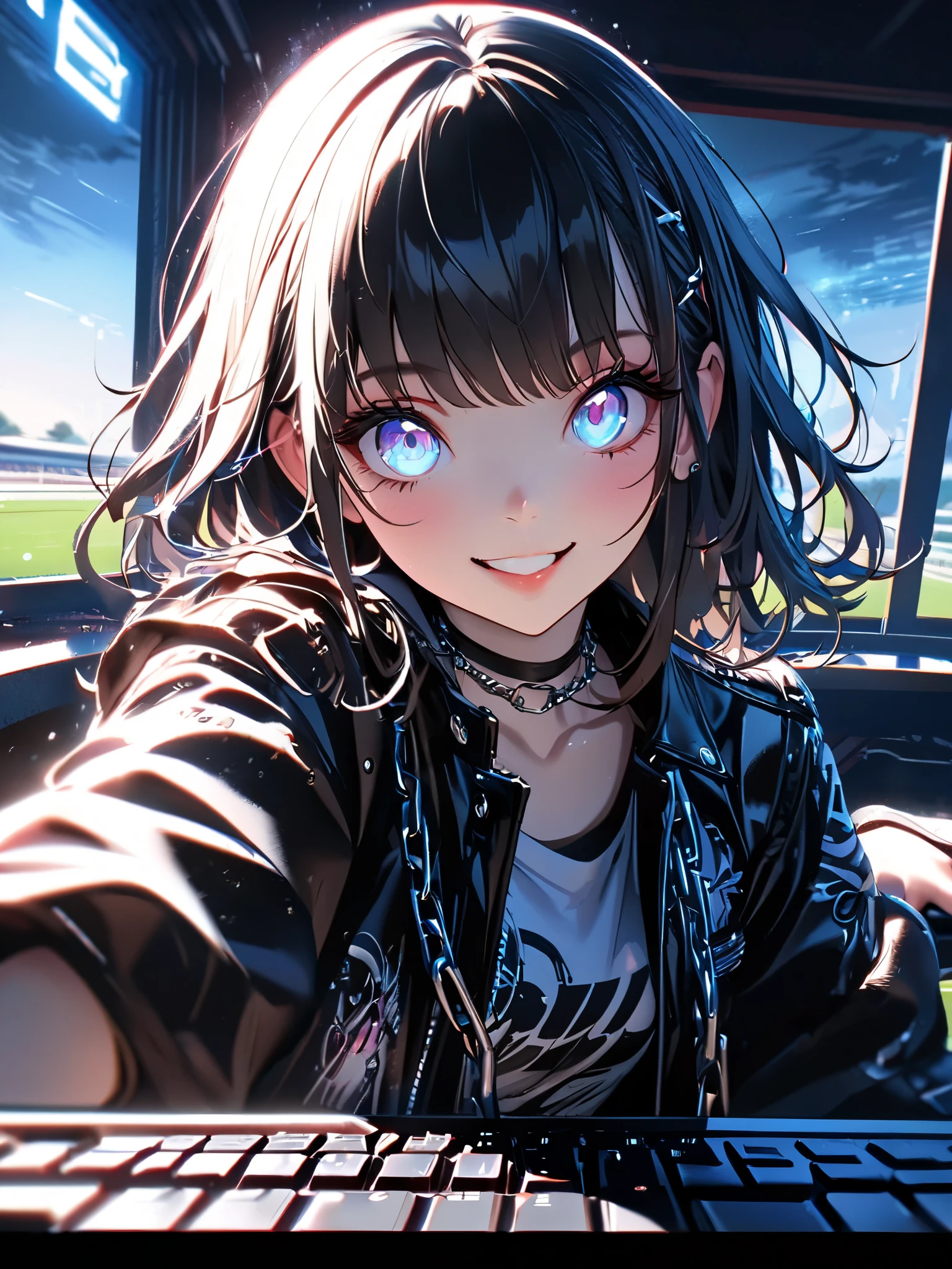 1 girl, a is cute dress with a long coat 、 in , beautiful eyes、 keyboard every little detail , Soft light, Masterpiece, , complicated , Tone Mapping . Charterner v2 , , clear focus , dramatic lighting , Very cinematic, super Practical painting, art station trend , 8k, の素晴らしい影が付いた keyboard , Practical, whole body, View, Viewers, Portrait of a Girl 1, standing at the racecourse , Heavy rain and thunder、Dark Skies, neon and cyber punk background, she is dressed in punk clothing with silver chains and silver spikes, 彼女の髪teeth黒く染まっている ..........Ominous aura of light, smile, punk, ciber punk, backlit. : is cute , . standing at the racecourse , . Beautiful red eyes. is cute , keyboard . . teeth . Turned on keyboard 、 {x}, A girl around 20 years old is wearing a long leather coat .Breasts are big.Breasts are big. Turned on .Crimson Eyes.Cool