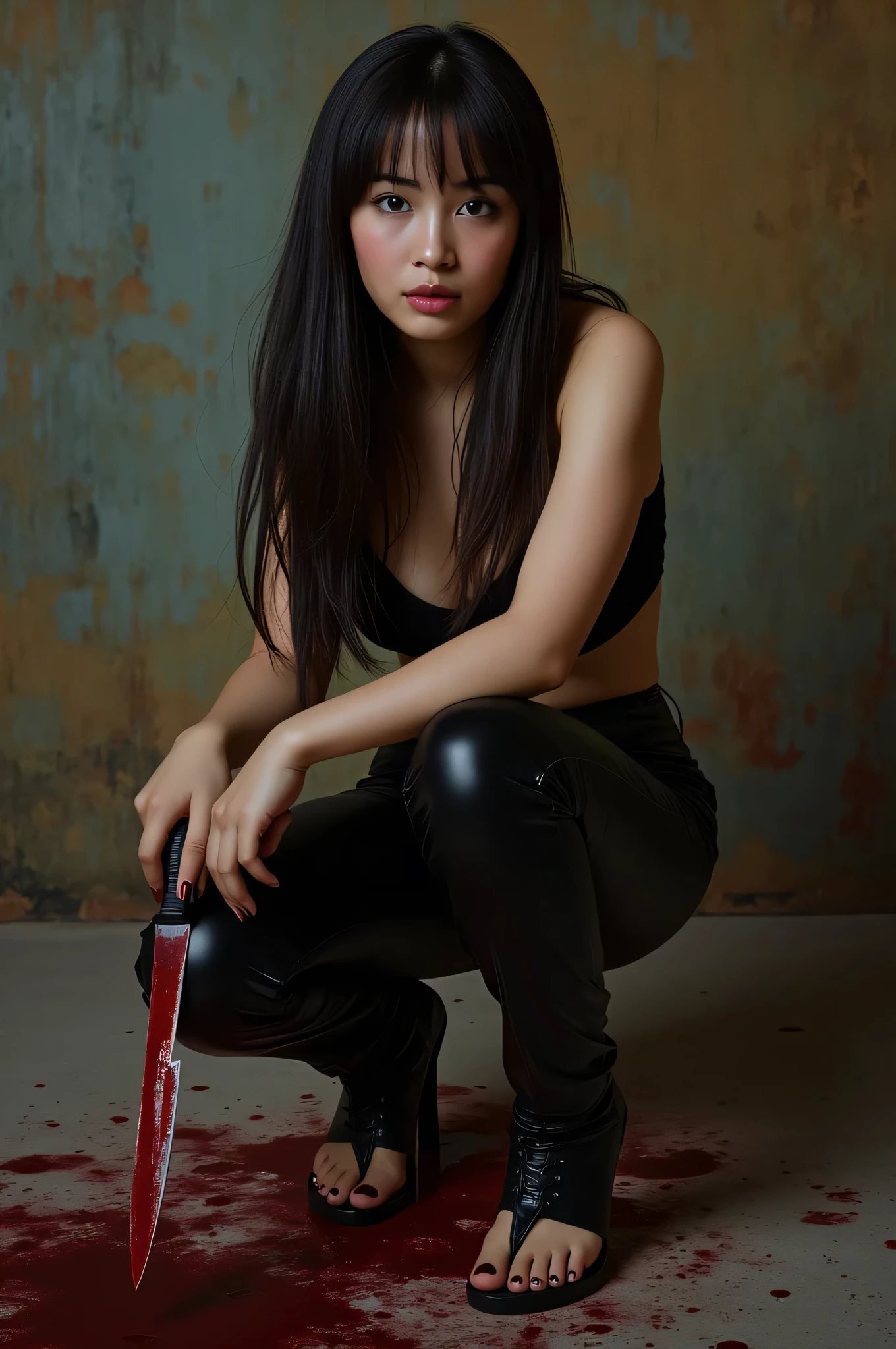 4k resolution, Hight resolution, Realistic, a very beautiful asian girl, knife, sexy leather pants, heels, cut throat a boy blindfold, neck bloody splash, wide open thr o at, th roat contents