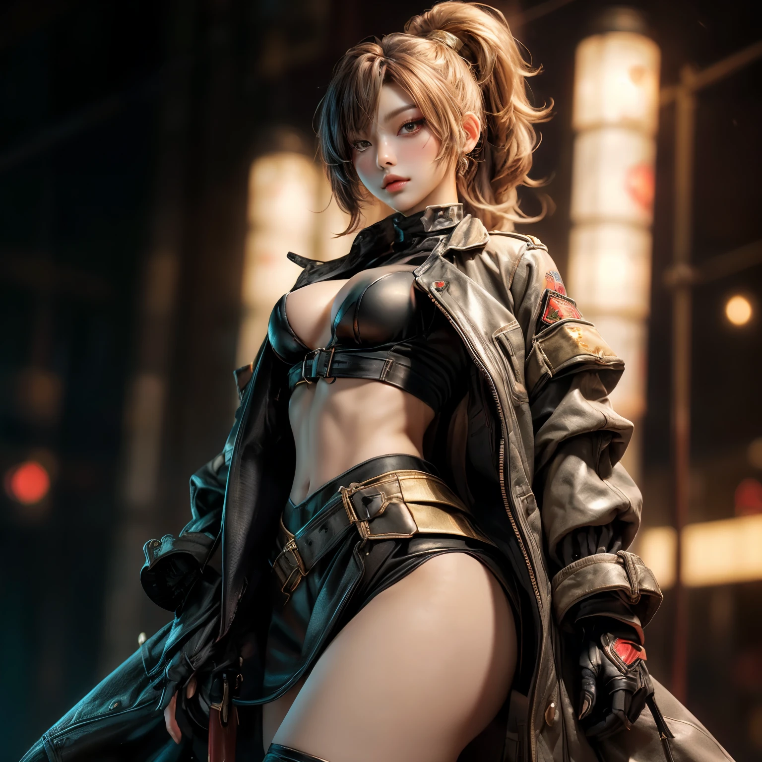 tmasterpiece,Highest image quality,Beautiful bust of noble mature aunt,Exquisite red updo hairstyle,Decorated with tiara,choker,ear studs,Avant-garde metallic leather jacket,leg loops,Ultra-detailed details,advanced。At the Pixiv Art Station,Break your own power,Louie,Big breasts exposed,,R-18G