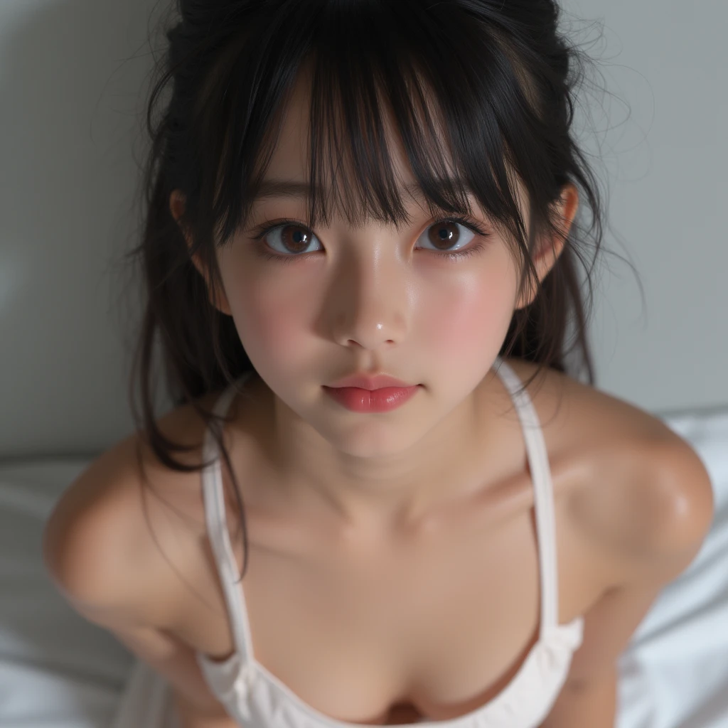 bikini,short shorts,,(open mouth:1.5),(tongue out:2),lying,overhead shot,side view,face focus,(1girl,Beautiful  girl,teenager),(,Small breasts,Small face,)),(looking at viewer),Black Hair,bangs,one side up,Beautiful and detailed,(Dimly lit room:1.5),White bed,pillow,Mischievous smile
