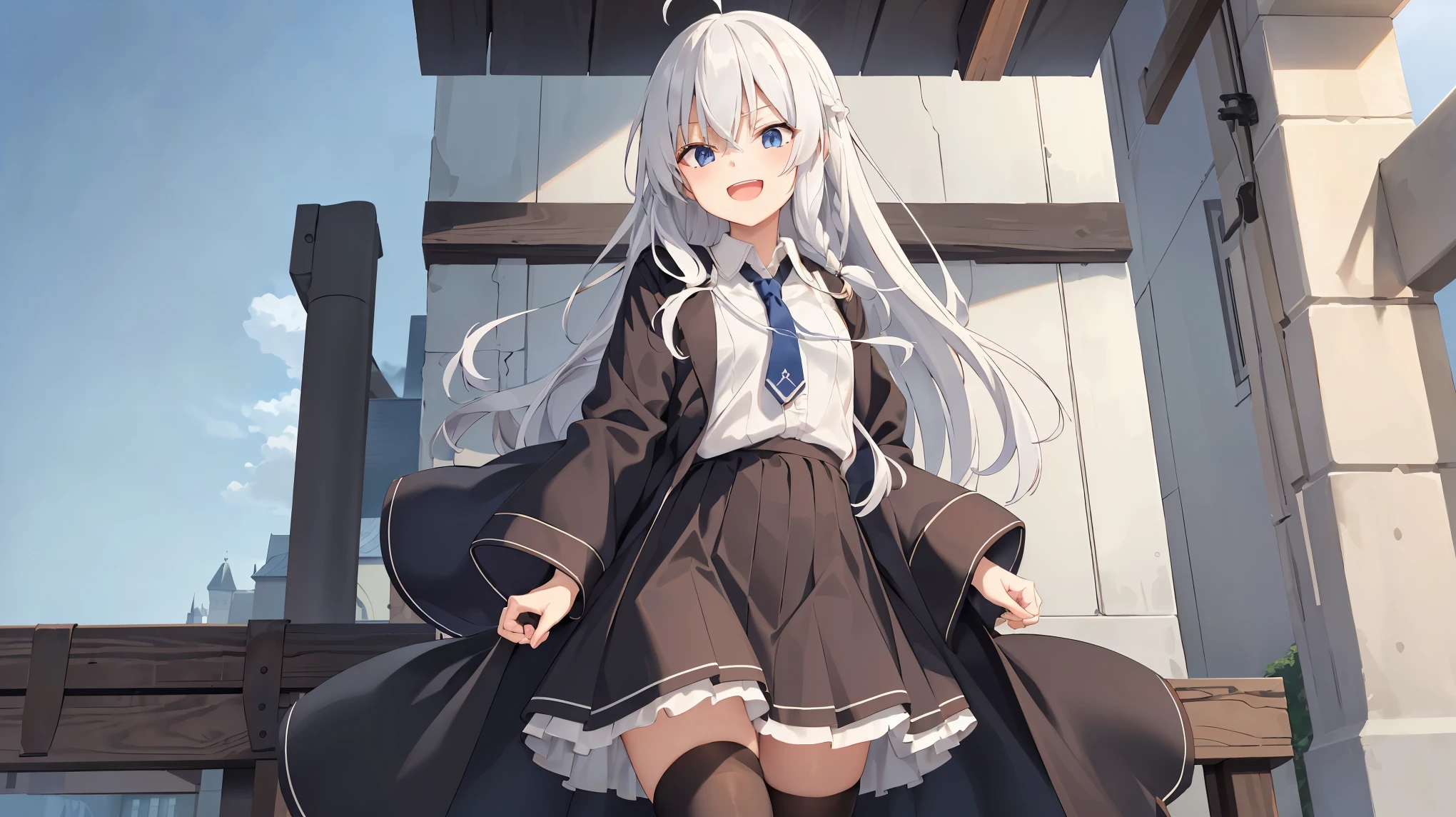 (Masterpiece, best quality , high resolution),
Elaina, Alone, skirt , white leg ornament , shirt, smile, long hair, open your mouth, null, white shirt, thighhighs, blue tie, stares at viewers, :d, long sleeve , boots, white thigh high socks , only teeth on top , clock, brown skirt , water drop , cloud, high heels, black footwear , frills, braided , Outdoors, high-waist skirt , collared shirt, Robe, black Robe, open Robe