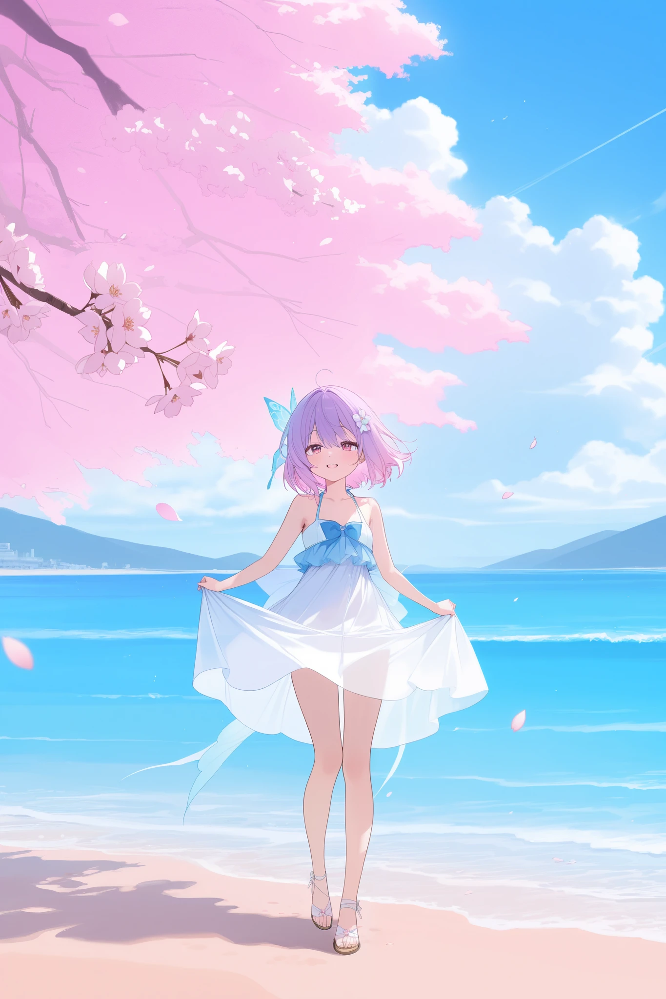 A winter fairy who came to a warm sandy beach riding the spring breeze with cherry blossoms in full bloom