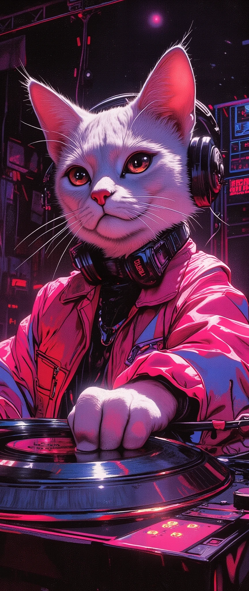 (Masterpiece:1.2, EXCEPTIONAL QUALITY    ,Mirror Finish   ,  Cinematic experience   ,  best illustration ),    Ultra Fine ,    tall Highly detailed   ,8k,16k,   wallpaper,(  Enlarged view with an illustration of a cute cat DJ drawn at the center of the record:2.0),(   Simple Design  ),   promotional art   ,    Record Jacket   ,   record album jacket design   , Funk Music,House music  ,  avant-garde  , (  70s funk art  :2.0),   Feminist Art  ,   comic book style  