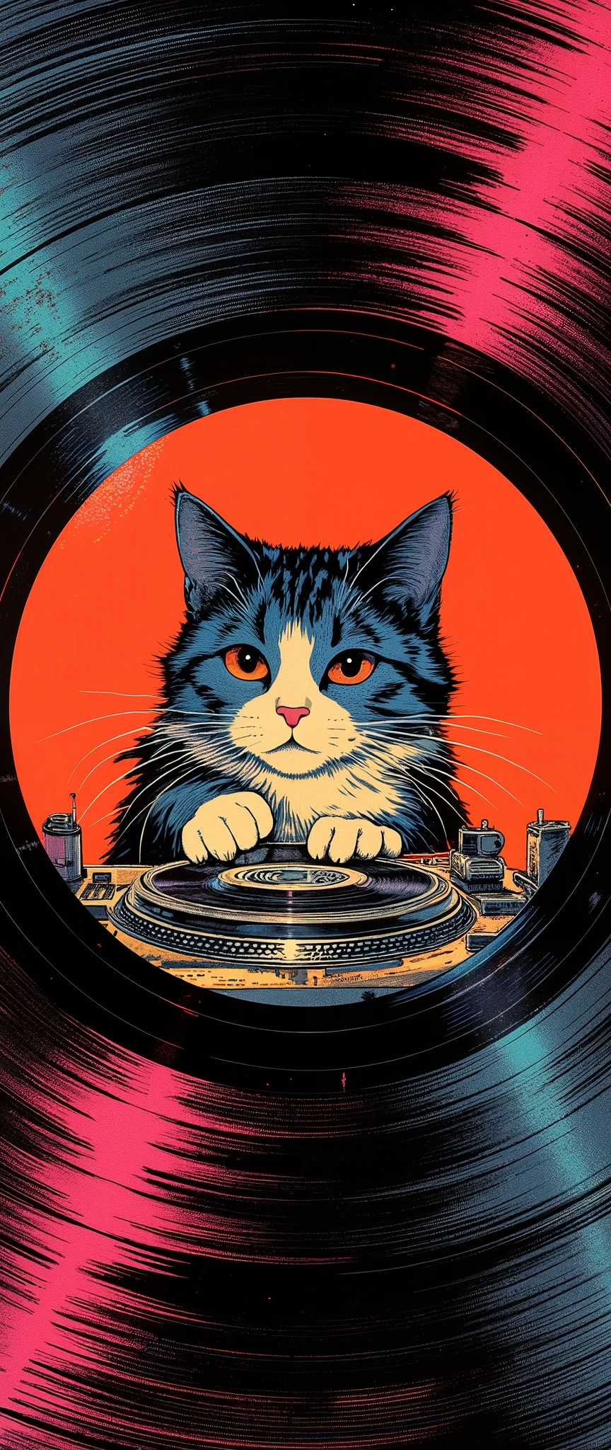 (Masterpiece:1.2, EXCEPTIONAL QUALITY ,Mirror Finish , Cinematic experience , best illustration ), Ultra Fine , tall Highly detailed ,8k,16k, wallpaper,( Enlarged view with an illustration of a cute cat DJ drawn at the center of the record:2.0),( Simple Design ), promotional art , Record Jacket , record album jacket design , Funk Music,House music , avant-garde , ( 70s funk art :2.0), Feminist Art , comic book style