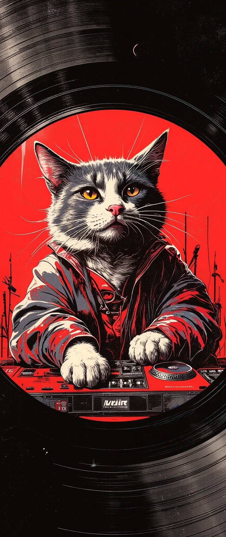 (Masterpiece:1.2, EXCEPTIONAL QUALITY ,Mirror Finish , Cinematic experience , best illustration ), Ultra Fine , tall Highly detailed ,8k,16k, wallpaper,( Enlarged view with an illustration of a cute cat DJ drawn at the center of the record:2.0),( Simple Design ), promotional art , Record Jacket , record album jacket design , Funk Music,House music , avant-garde , ( 70s funk art :2.0), Feminist Art , comic book style