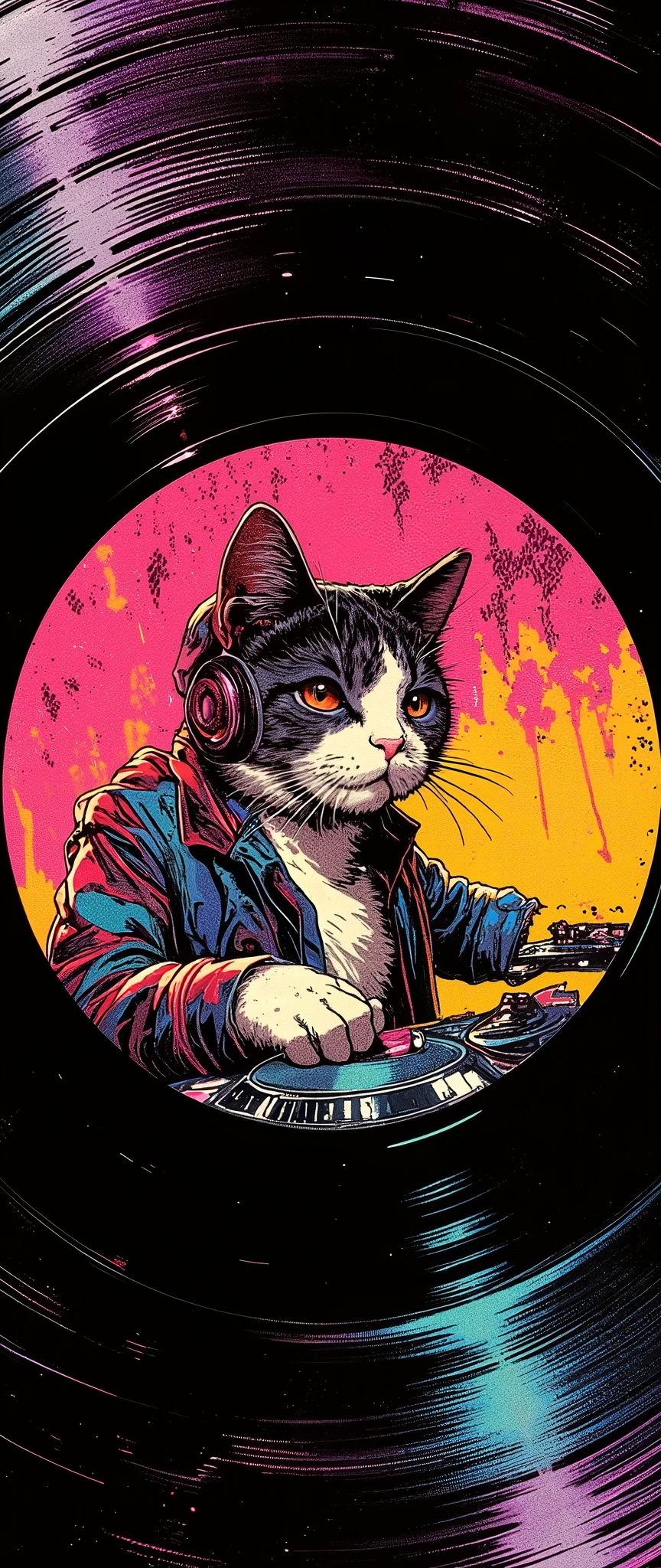(Masterpiece:1.2, EXCEPTIONAL QUALITY ,Mirror Finish , Cinematic experience , best illustration ), Ultra Fine , tall Highly detailed ,8k,16k, wallpaper,( Enlarged view with an illustration of a cute cat DJ drawn at the center of the record:2.0),( Simple Design ), promotional art , Record Jacket , record album jacket design , Funk Music,House music , avant-garde , ( 70s funk art :2.0), Feminist Art , comic book style