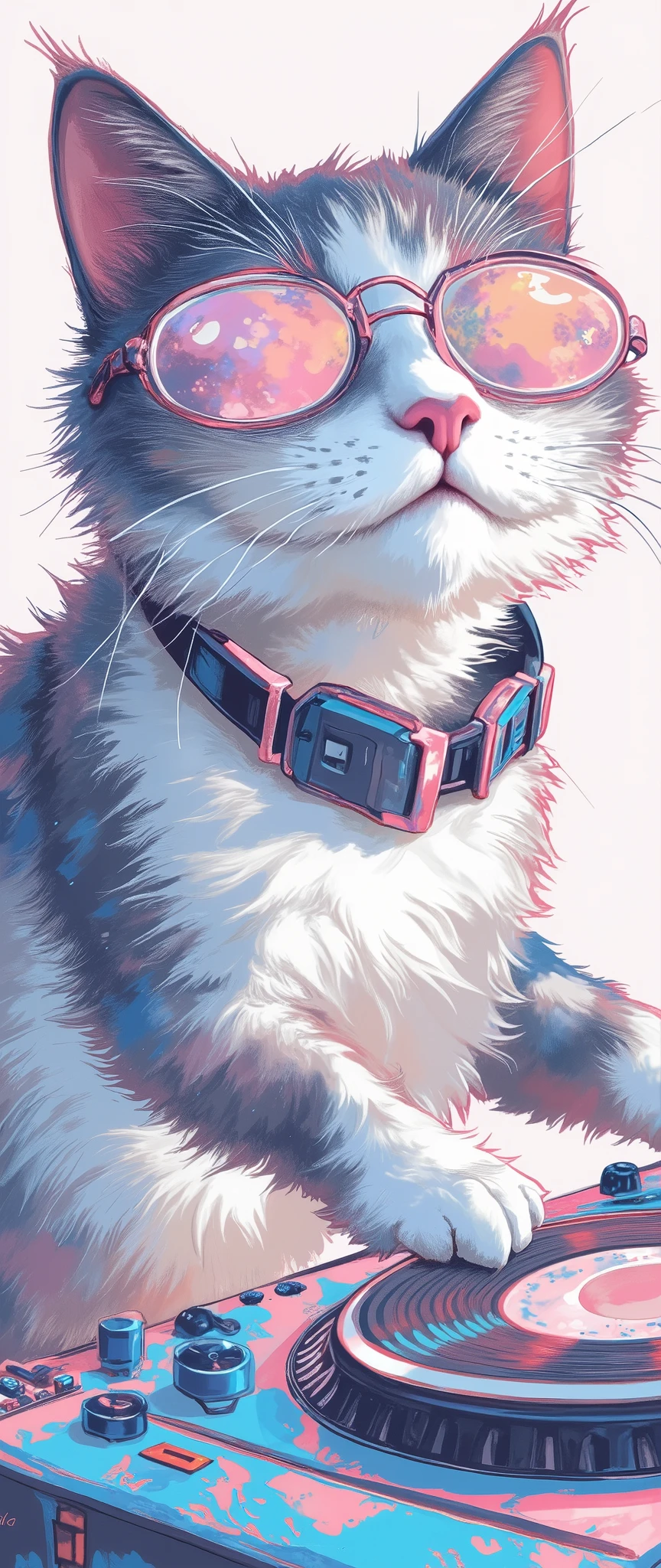 (Masterpiece:1.2, EXCEPTIONAL QUALITY ,Mirror Finish , Cinematic experience , best illustration ), Ultra Fine , tall Highly detailed ,8k,16k, wallpaper,( Enlarged view with an illustration of a cute cat DJ drawn at the center of the record:2.0),( Simple Design ), promotional art , Record Jacket , record album jacket design , Funk Music,House music , avant-garde , ( 70s funk art :2.0), Feminist Art , comic book style