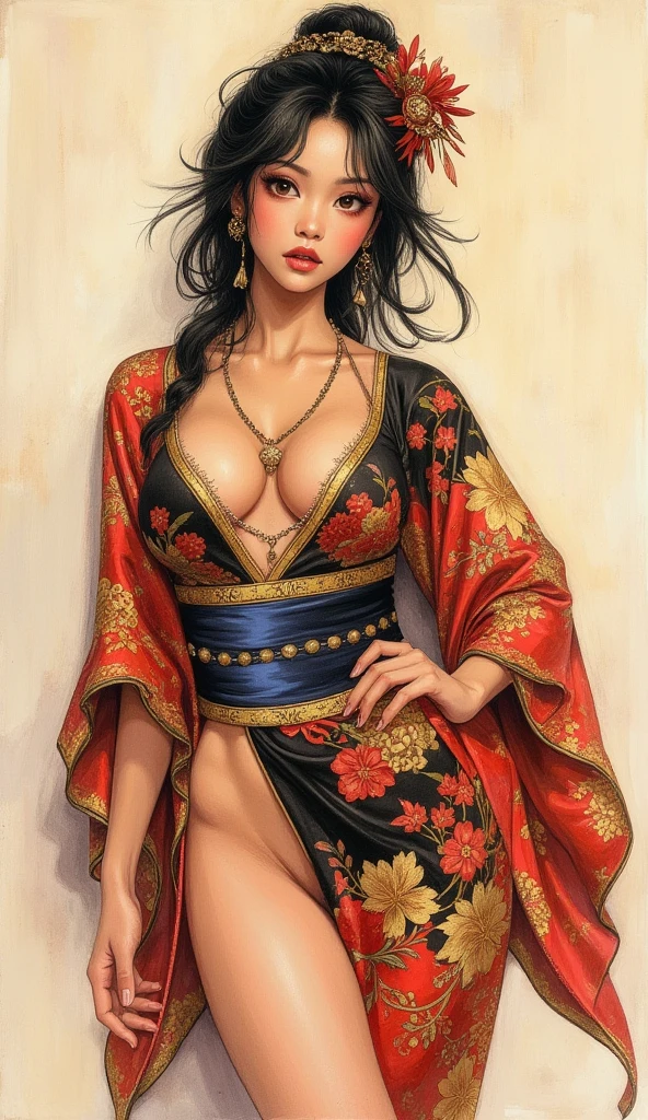 gorgeous oriental woman, black hair in an elaborate hairstyle, elegant embroidered kimono, sakura flower embroidery, gold details, full body shot, cleavage, bare shoulders, standing, large breasts, alchemist, strapless dress, vials
, potions, updo, blank background, white background, lulu, ffx
