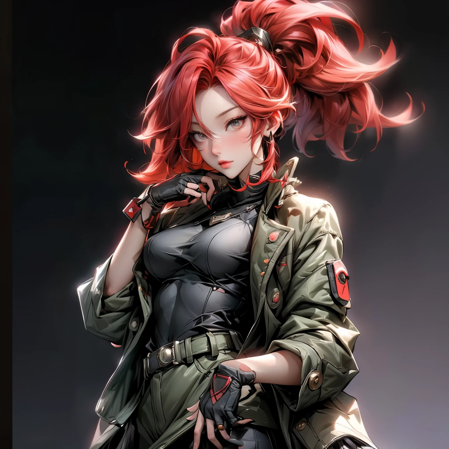 ((best quality)), ((Masterpiece)), ((Enrich the picture，Masterpiece level quality)), ultra background details, an image of a beautiful cyberpunk woman, mature woman, fierce woman, นายทหาร, นายพล, sexy  mini military uniform, cyberpunk theme, (( high ponytail, red hair)), golden eyes, sexy black mini skirt, sexy jacket, ผู้คน, , military base background, ตุ้มหู, gloves, armor