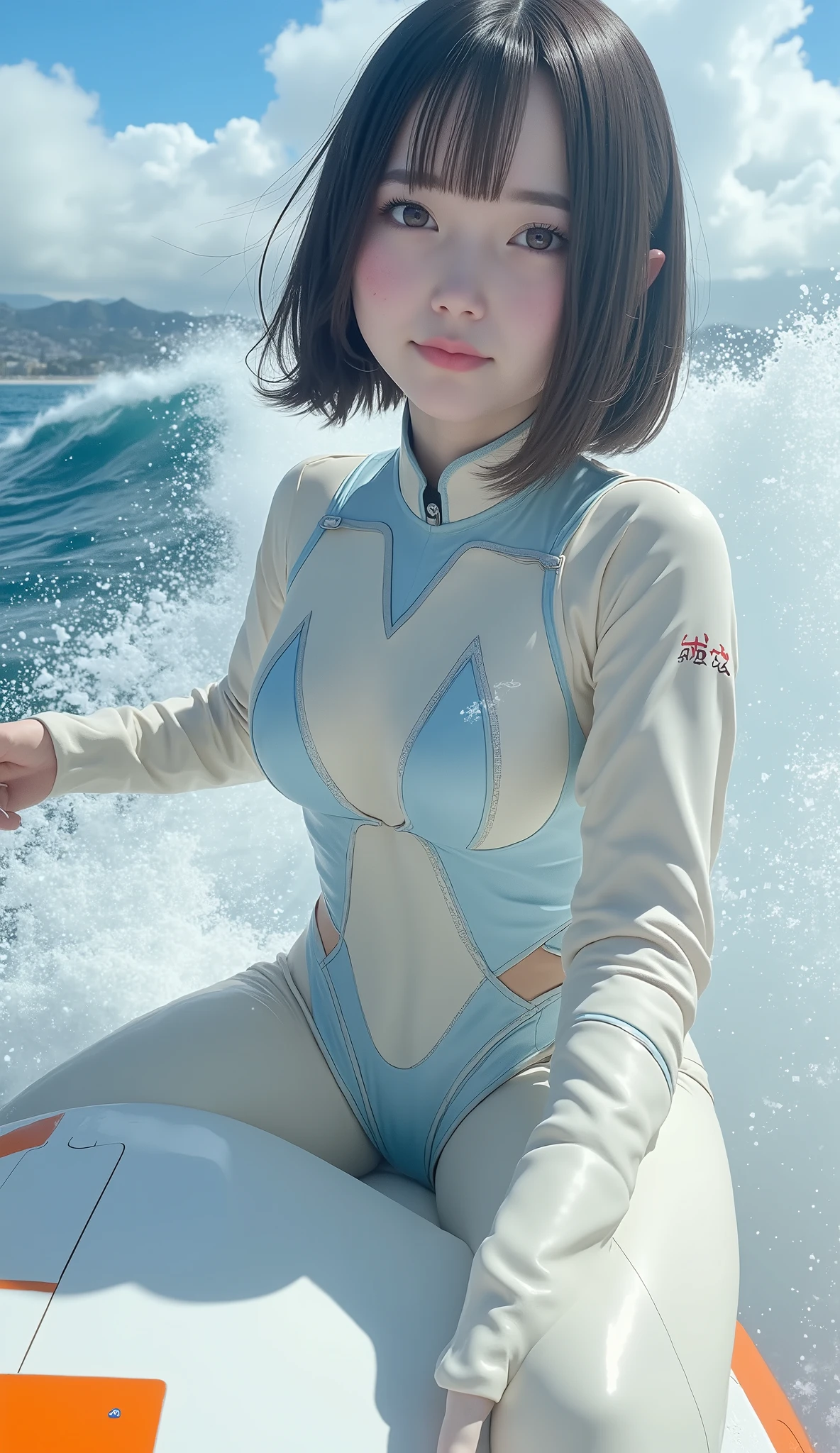 Japanese female android,Black Hair,White and blue robot suit,Plump,Swimming at the beach in summer,smile,