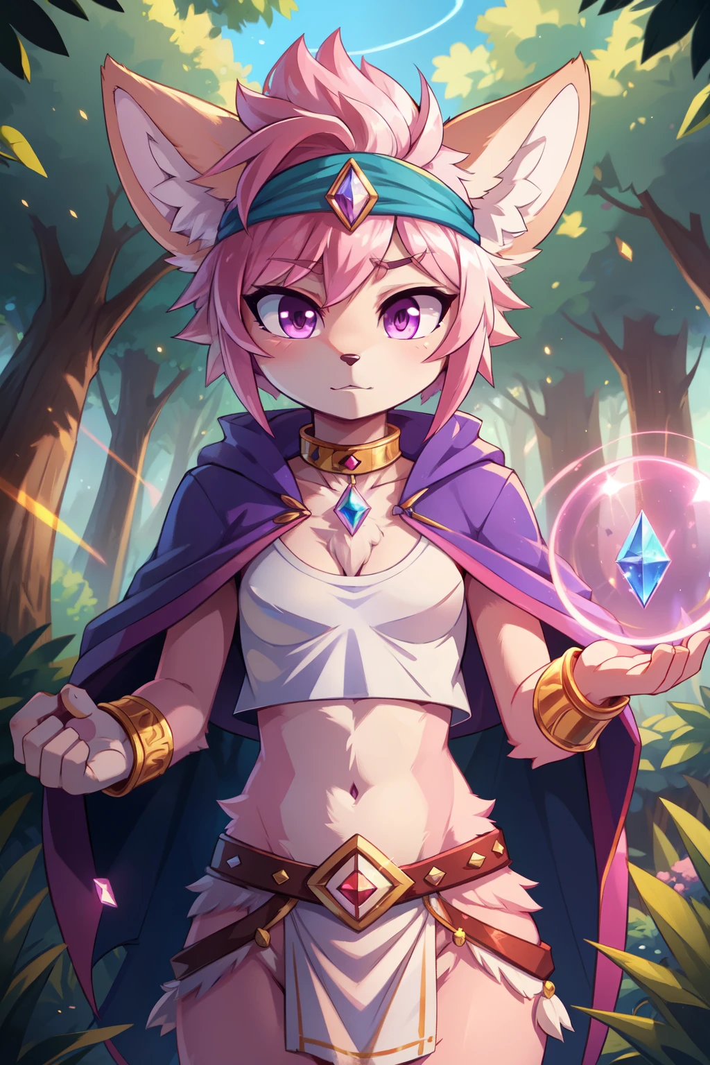 score_9,score_8_up,score_7_up, source_cartoon, source_furry, Furry female, fennec, two tone hair, white hair, pink hair, curly hair, mohawk hairstyle, magenta eyes, detailed body fur, small breasts, ((blue cloak, white crop top, white short loincloth, gold headband with amatist gem, gold bracelets, gold belt, gold collar)), looking at you, two tone body fur, pink body fur, beige body fur, detailed face, big eyebrows, detailed eyes, detailed body, detailed body fur, detailed hands, glistering body, shiny body, skinny, solo, glowing magenta eyes, motion blur, thick outline, anthropomorphic, countershading, solo, forest, clear sky, DND style, energy ball on hand, magic aura, magic spell on hand,