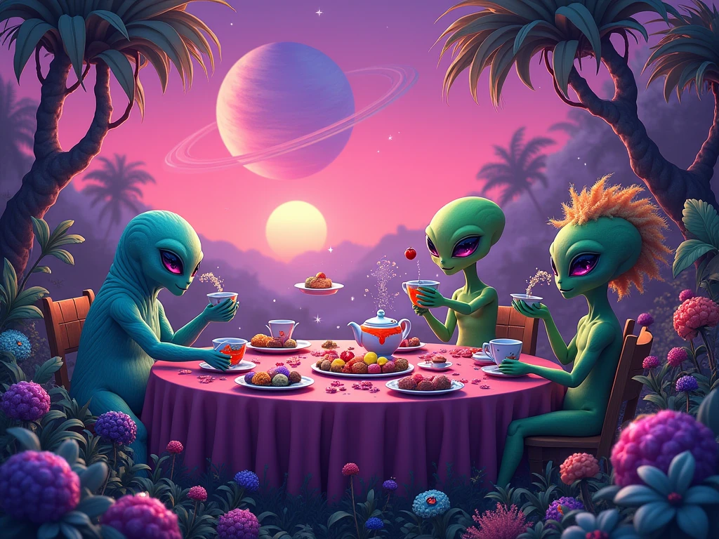 Lady Gaga hosts a lizard-themed lounge where she and her reptilian friends engage in witty banter with aliens. Their eccentric conversations unfold against a backdrop of psychedelic visuals, creating a surreal and humorous atmosphere.,in style of(bangerooo:1.15), 2d,