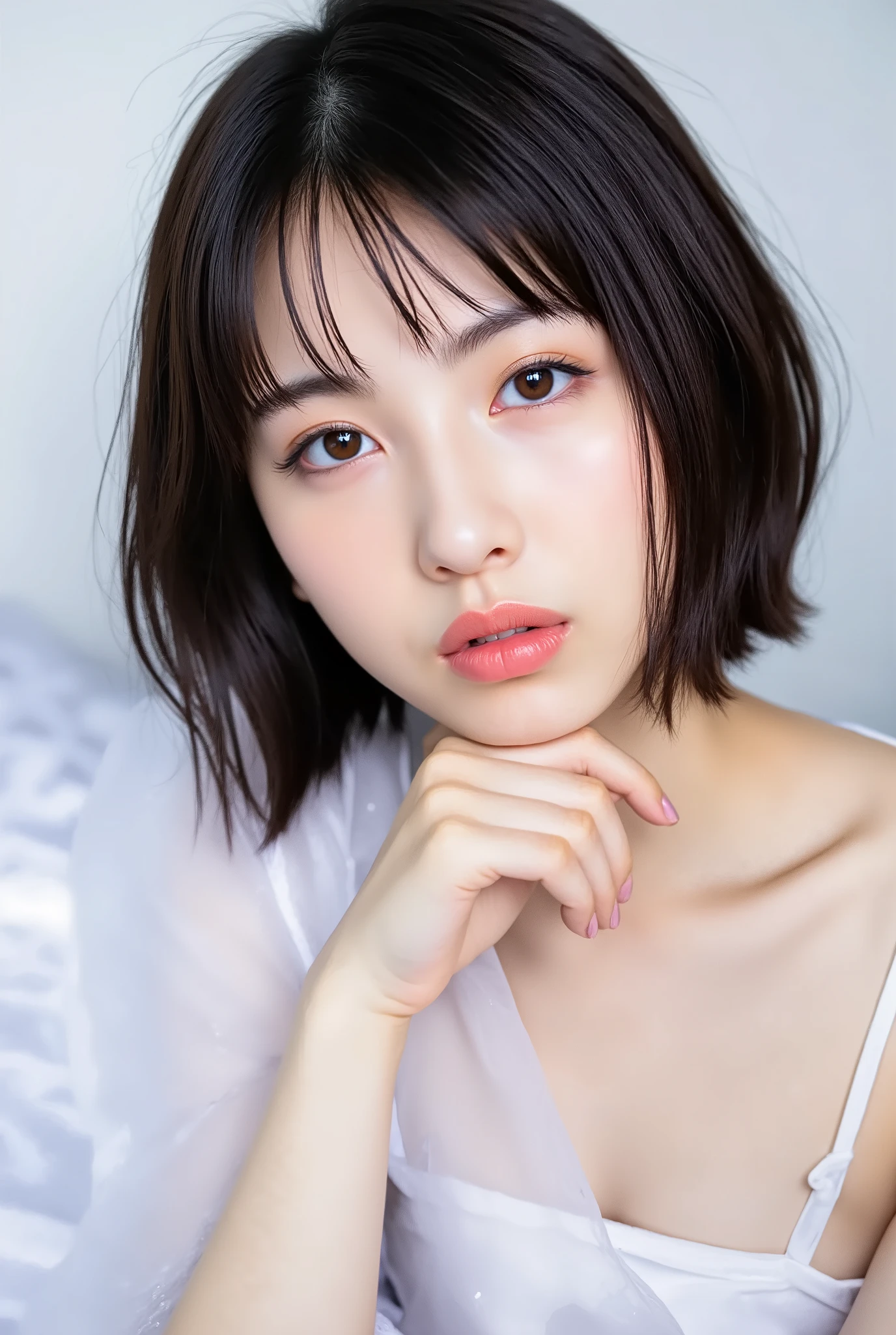 masterpiece, 最high quality,16k,8K,beautiful,get used to it,exquisite,extremely get used to it, finely get used to it, high quality, insanely get used to it, ultra get used to it, ultra high resolution, 超high quality, beautiful face, Japanese, NSFW,(Leaning forward,Arms are placed between breasts to emphasize cleavage,upper_body,short bob cut:1.6),Cinema Lighting