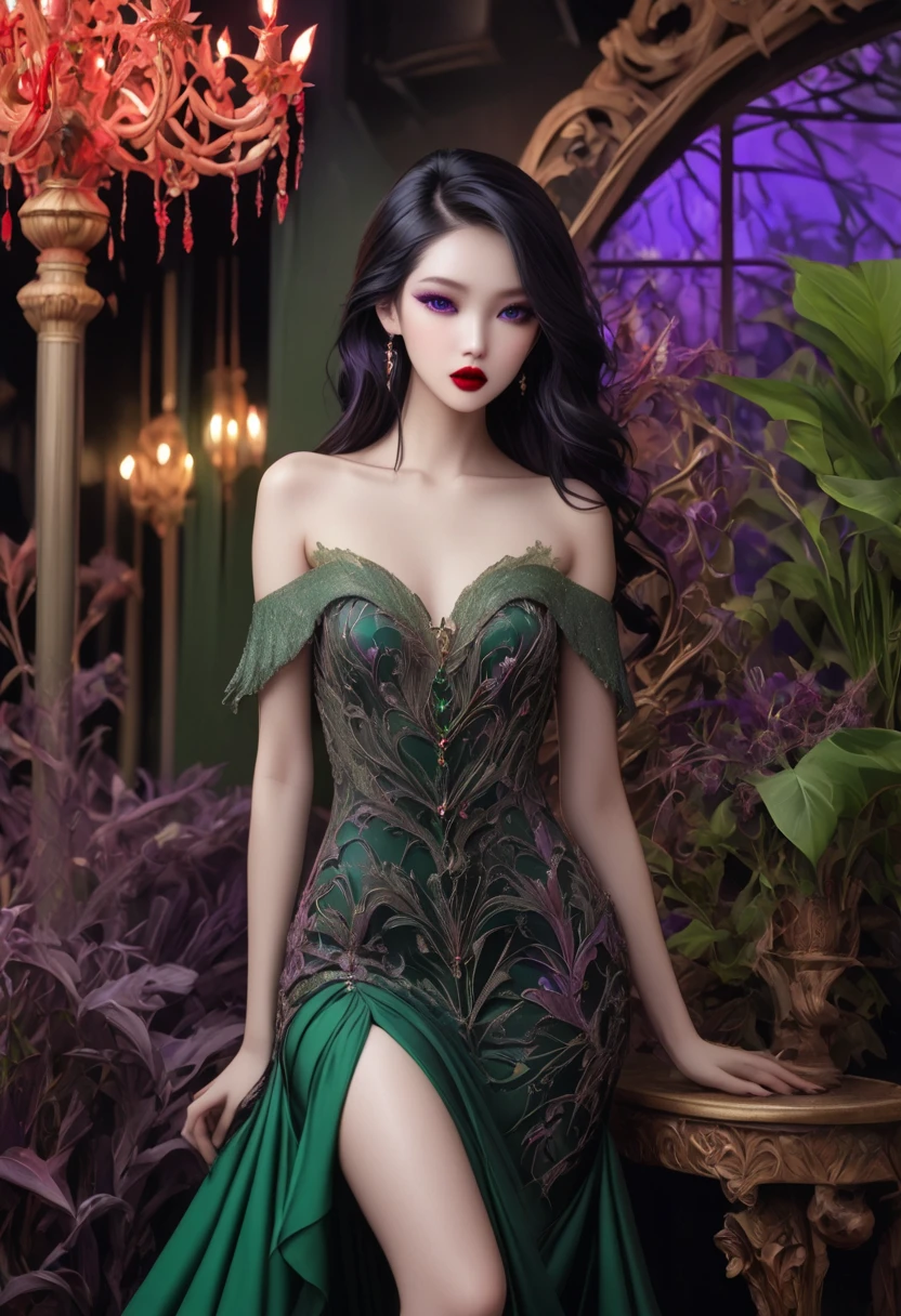 Asian cute girl, in a emerald green princess dress, inside a castle, kim jennie,