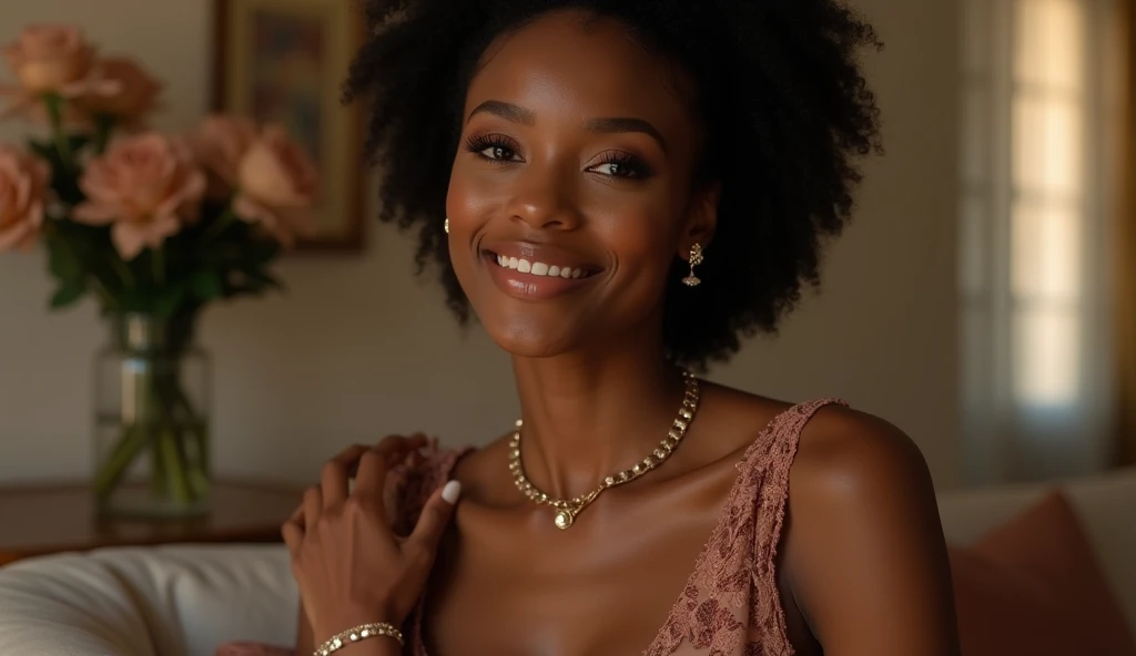 Masterpiece, absurdres,HDR, smiling, excited, better_cleavage cleavage decorated with jewelry, wearing jewelry between her breasts, woman wearing better_cleavage, beautiful ,