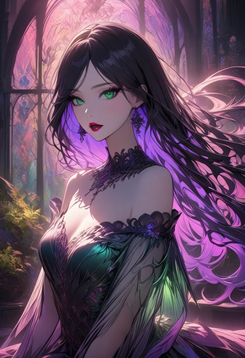 You can make a 25 year old Fairy woman. Long dark purple hair, black eyes, serious look. Make her wear a long green dress and make her fairy wings purple.