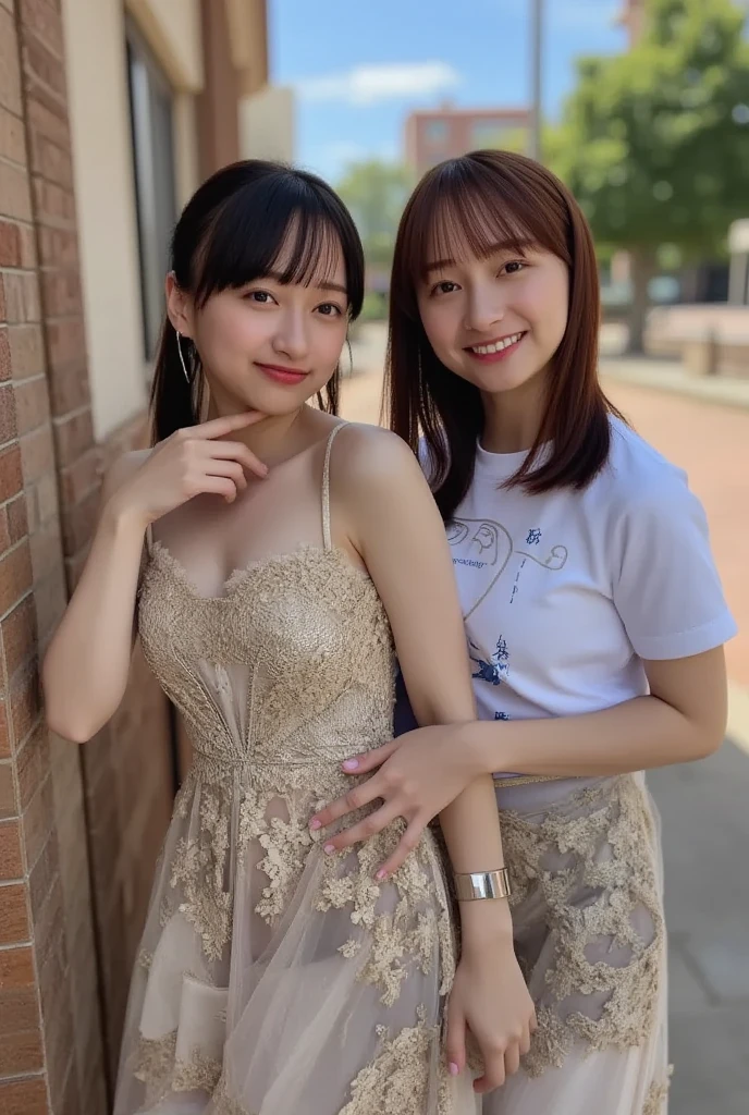 Neat and clean high school girl、((((White silk camisole showing her bare chest、One of the shoulder straps is missing、White panties))))、Outside the stadium、(slim)、Realistic、detailed, Skin Texture, 超detailed、Delicate and sexy collarbone、A sloppy smile、スーバーdetailedな顔、detailed唇、detailedな目、Small breasts、Small breasts、、Small breasts、Flat Chest、Accentuate your breasts、Bright Face、((Are standing、スカートからWhite pantiesが見えている、Lift the hem of your skirt slightly with both hands..,,)), Short hair with bangs、Straight Bob Hair、Angle from quite a top、、(((Dark sunburn、Tanned brown skin、Black skin color)))、(Dark brown skin:1.)、((Leaning forward with hands on knees))、(((Cute like an idol)))