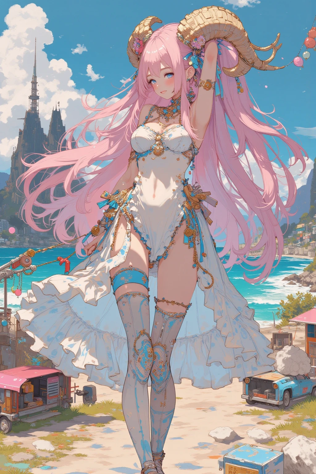 lacus4, (mermaid-like woman, fishtail, pipefish, high heels, masterpiece, leaning over the edge of a boat, twilight sky background, Best Quality, Anime style: 1.9, serene, Adult Woman, ultra detailed face, (pale white skin color, luminescent scales), (ocean, open water, bright background), Drawing lines, high resolution, lacus4), 1girl, Solo, (compact body, lithe), Long hair, (flowing, wavy), (detailed ornament on top), (shimmering, multi-colored), (slim arms), (peach skin tone), (holding