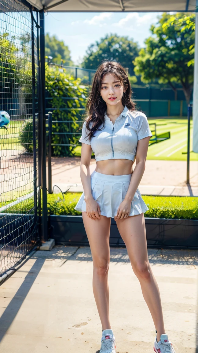 absurderes, Raw photo, Extremely delicate and beautiful, masutepiece, Best Quality, Ultra High Resolution, 16 K, hyper realisitic, Ultra-detailed, Perfect Anatomy, Ultra-detailed細なスキン, Perfect figure, Very detailed CG 8k wallpaper, in her 20s, Very slim body, Narrow waist, Very small head, Very small face, Very detailed face, Very detailed eyes, tear moles, Earring, thin legs, ((very massive round chest)), ((3 girls)), Full body shot, Bare legs, Short hair, Wavy Hair, light brown hair, ((Tennis Uniform)), Sleeveless, Midriff,