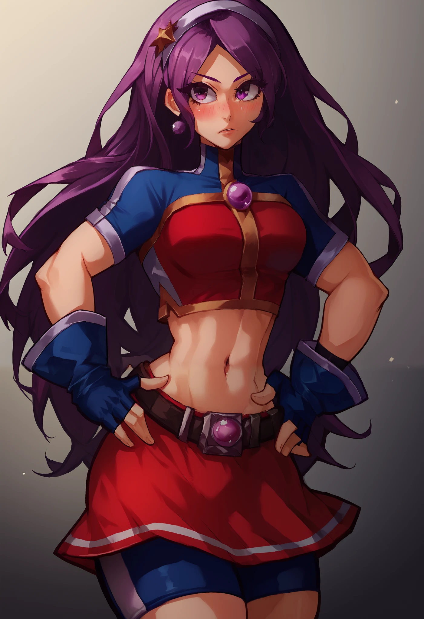 Masterpiece, best quality,ATHKOF2002, purple hair, long hair, purple eyes, white hairband, blue sleeves, pearl (gemstone), short sleeves, red top, belt, fingerless gloves, navel, red skirt, biker shorts, blush, solo, seductive pose,cowboy shot, midriff,beautiful detailed face,thick thighs, one hand on hip,other had on hair,dbp,hentai, crotch