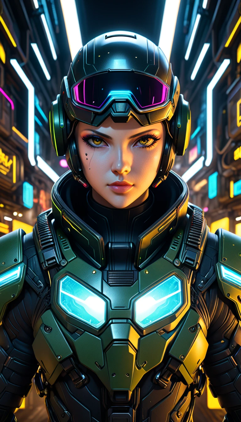 terminator czber girl with green eyes looking into the camer, magic foam planet in the background