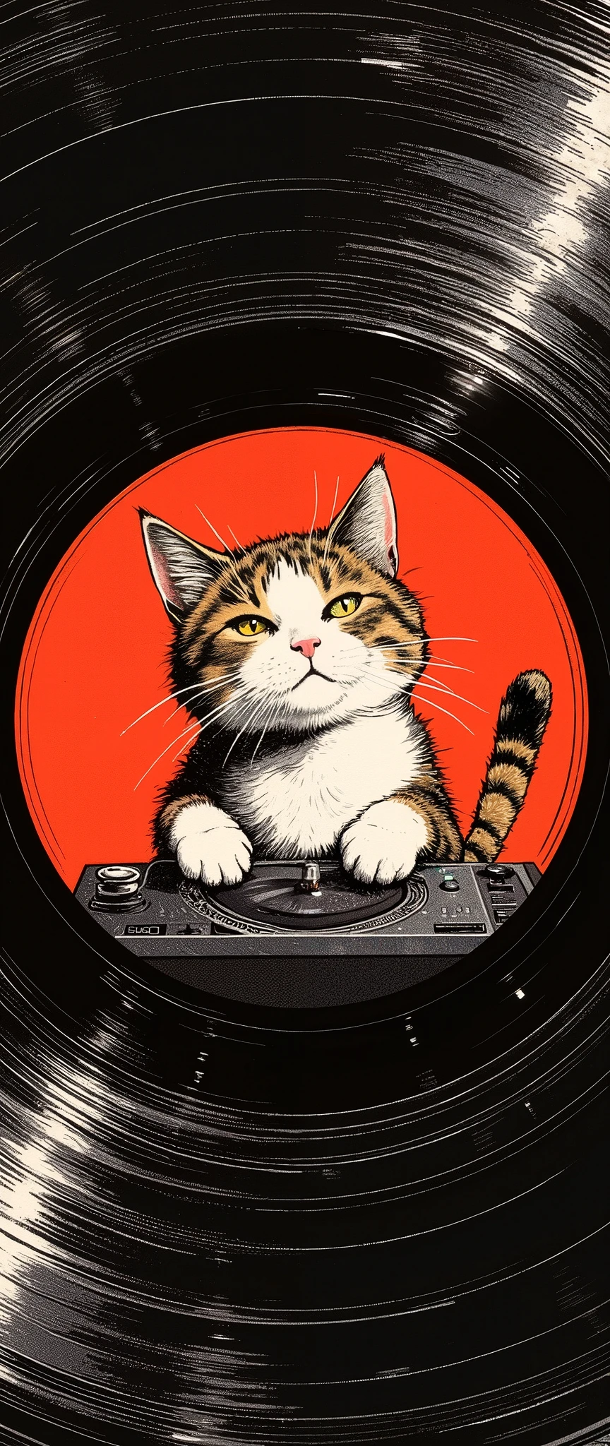 (Masterpiece:1.2, EXCEPTIONAL QUALITY ,Mirror Finish , Cinematic experience , best illustration ), Ultra Fine , tall Highly detailed ,8k,16k, wallpaper,( Enlarged view with an illustration of a cute cat DJ drawn at the center of the record:2.0),( Simple Design ), promotional art , Record Jacket , record album jacket design , Funk Music,House music , avant-garde , ( 70s funk art :2.0), Feminist Art , comic book style