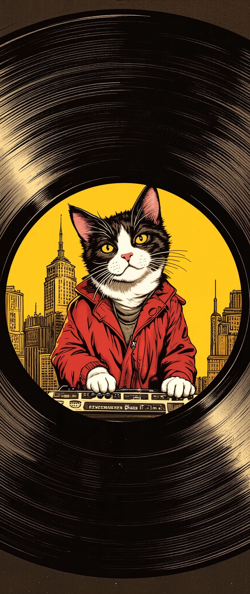 (Masterpiece:1.2, EXCEPTIONAL QUALITY ,Mirror Finish , Cinematic experience , best illustration ), Ultra Fine , tall Highly detailed ,8k,16k, wallpaper,( Enlarged view with an illustration of a cute cat DJ drawn at the center of the record:2.0),( Simple Design ), promotional art , Record Jacket , record album jacket design , Funk Music,House music , avant-garde , ( 70s funk art :2.0), Feminist Art , comic book style