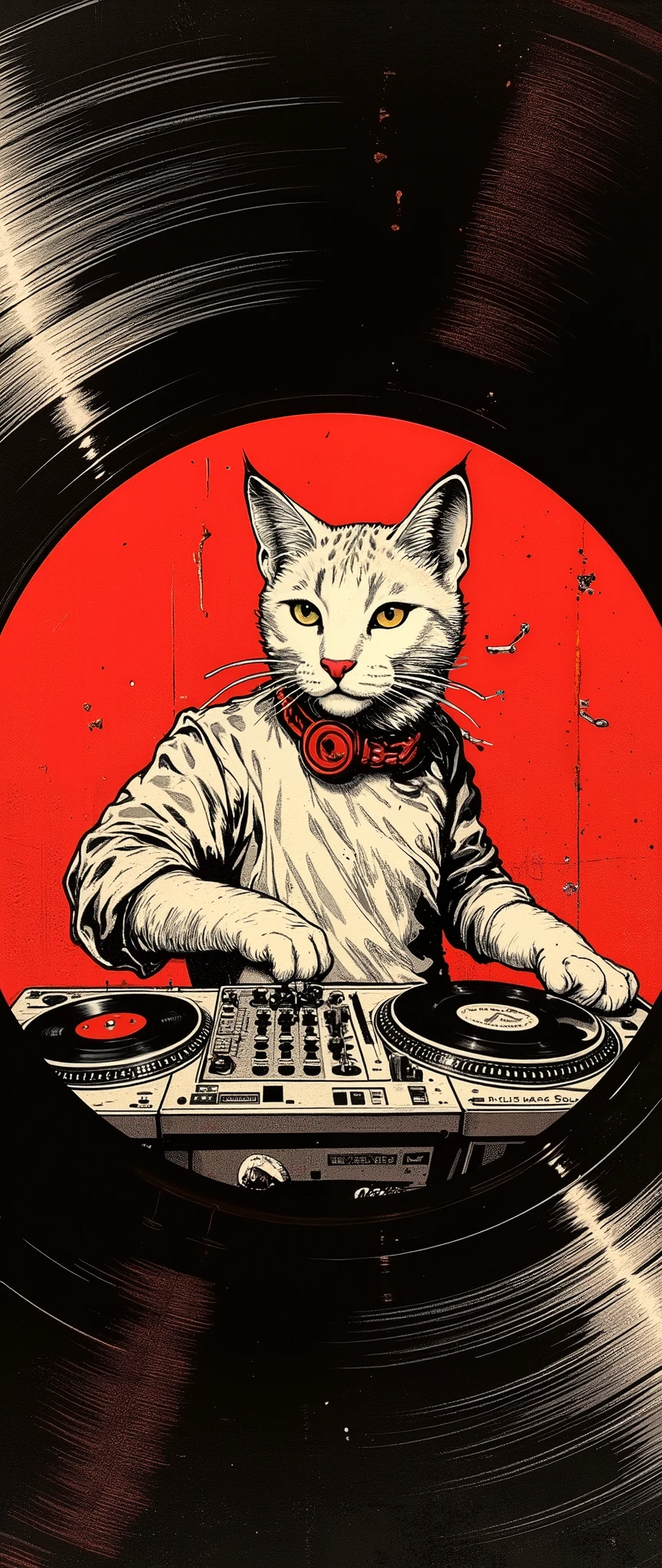 (Masterpiece:1.2, EXCEPTIONAL QUALITY ,Mirror Finish , Cinematic experience , best illustration ), Ultra Fine , tall Highly detailed ,8k,16k, wallpaper,( Enlarged view with an illustration of a cute cat DJ drawn at the center of the record:2.0),( Simple Design ), promotional art , Record Jacket , record album jacket design , Funk Music,House music , avant-garde , ( 70s funk art :2.0), Feminist Art , comic book style