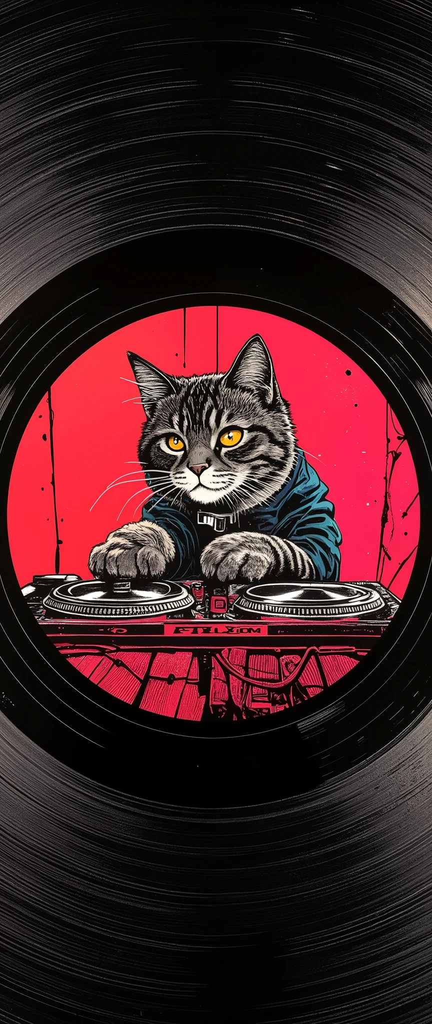 (Masterpiece:1.2, EXCEPTIONAL QUALITY ,Mirror Finish , Cinematic experience , best illustration ), Ultra Fine , tall Highly detailed ,8k,16k, wallpaper,( Enlarged view with an illustration of a cute cat DJ drawn at the center of the record:2.0),( Simple Design ), promotional art , Record Jacket , record album jacket design , Funk Music,House music , avant-garde , ( 70s funk art :2.0), Feminist Art , comic book style