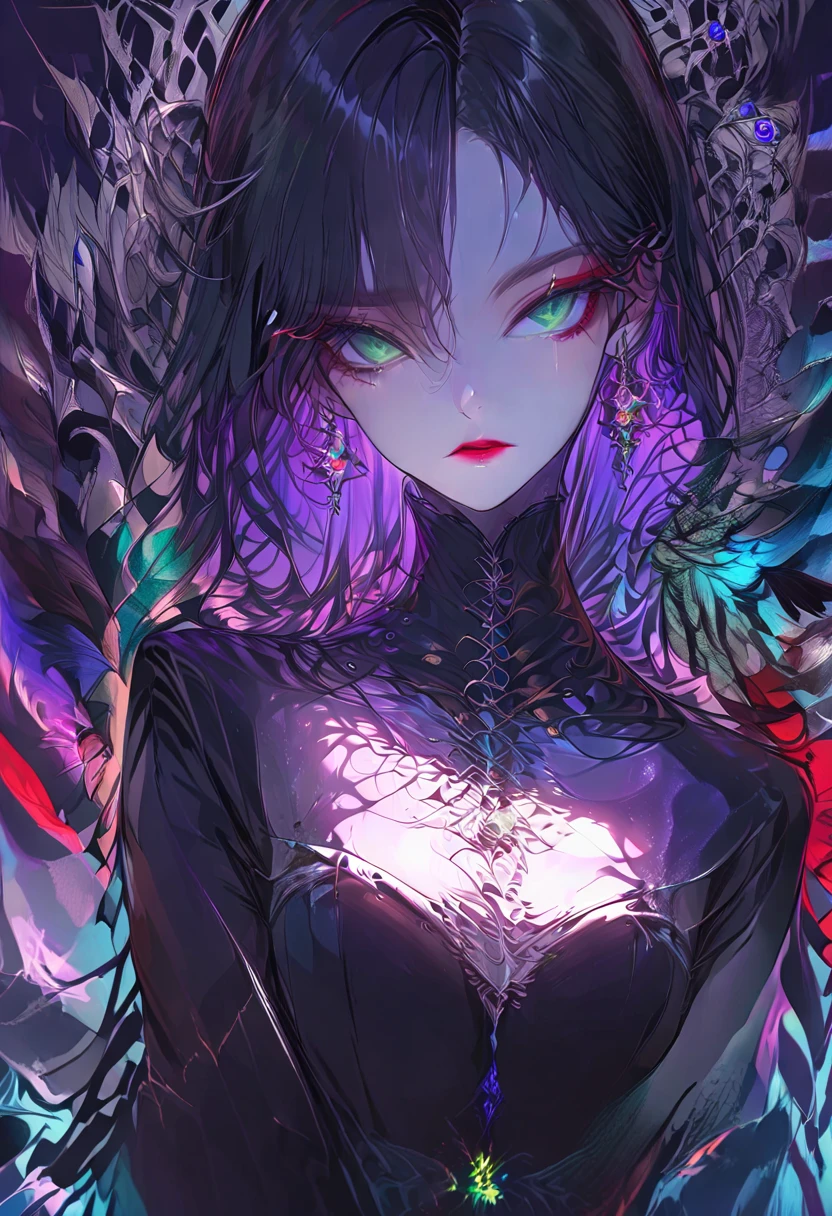 detailed textures, high quality, high resolution, high precision, realism, color correction, correct lighting settings, harmonious composition. Stunning anime girl with an intricate floral tattoo on her neck., radiating elegance and beauty.,in the style of neon realism, indigo and light black, Gothic modern, anime-style character design, dark white and indigo, bold but elegant, cyberpunk manga, detailed costumes --ar 3:4