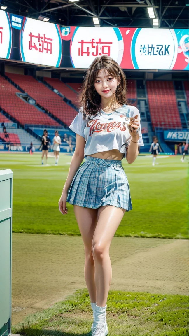 8k), (highest quality: 1.2), (Realistic), (Realistic: 1.37), Ultra-high resolution, (2 girls),(straight, Silky black hair), ponytail,Giant Dulcefo,(White pleated skirt:1.2),In the stands at a baseball stadium,smile, whole body,Long legs,Beautiful legs,(Ultra-small ass),gravure,belly button,(Los Angeles Dodgers Shirt),(whole bodyが雨に濡れて:1.2),stockings,Cute like a super idol,Low - Angle,Shiny thighs