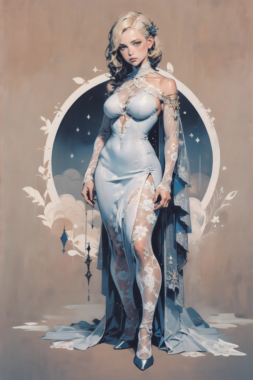 [(white background:1.5),::5] beautiful face,worry face, greece goddessd, masterpiece, 1 girl, mid shot, full body, hat, standing on ocean, sea waves, water splashes, sky, detailed moon, light particles, butterflies, night, starry sky, by Alphonse Mucha