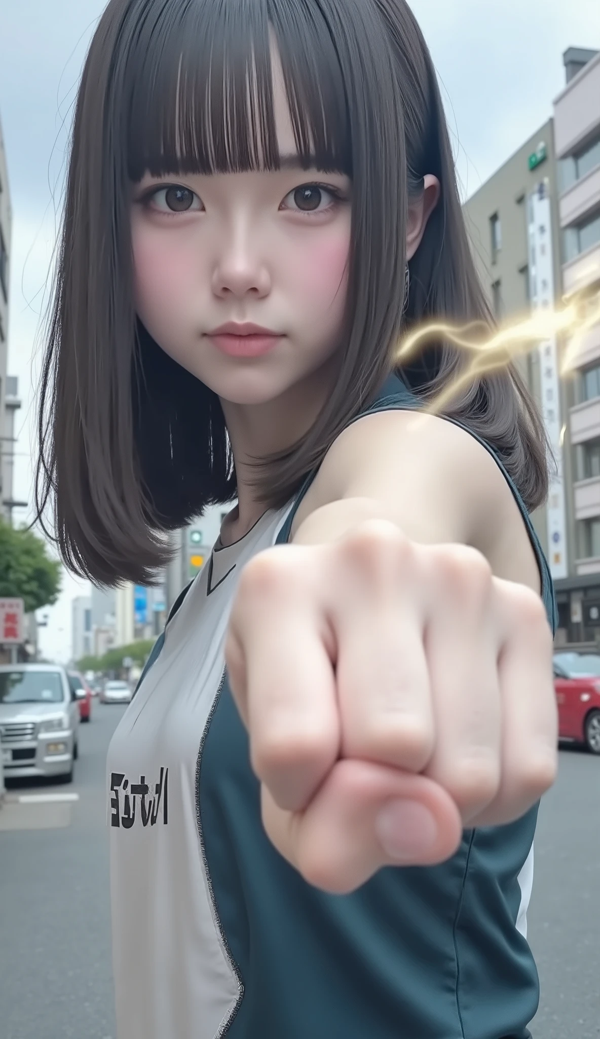 A high school girl shoots a wave fist、Shibuya Ward、cloudy、 black hair、 tank top、 jersey、 Japanese 、photograph、
one girl, live action 、sight,