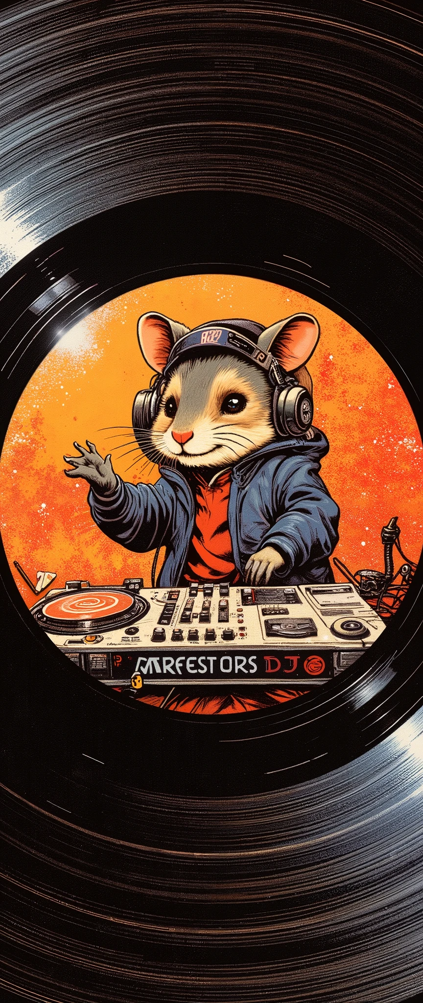 (Masterpiece:1.2, EXCEPTIONAL QUALITY ,Mirror Finish , Cinematic experience , best illustration ), Ultra Fine , tall Highly detailed ,8k,16k, wallpaper,( Enlarged view with an illustration of a cute hamster DJ drawn in the center of the record:2.0),( Simple Design ), promotional art , Record Jacket , record album jacket design , Funk Music,House music , avant-garde , ( 70s funk art :2.0), Feminist Art , comic book style