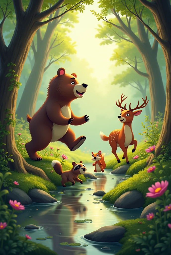 Once upon a time there was a very playful and curious little bear named Benito., who lived in the forest with his family.  animated cartoon 