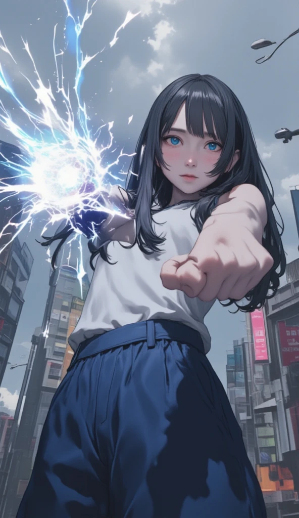 A high school girl shoots a wave fist、Shibuya Ward、cloudy、 black hair、 tank top、 jersey、 Japanese 、photograph、 one girl, live action 、sight,