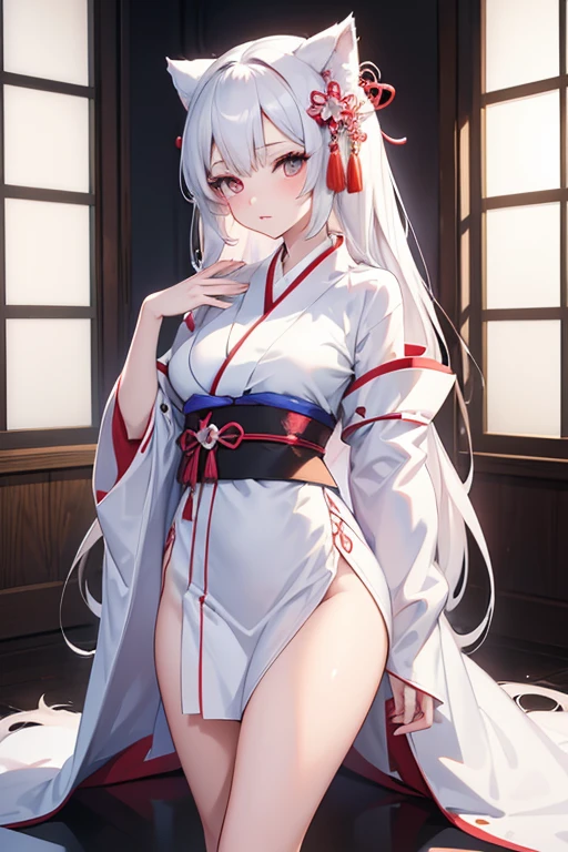 ​masterpiece、top-quality、1girl in。(bathrobe:1.2), white  hair,Red Eyes,(mare:0.8), (Fantastical:0.7),(middlebreasts:1.4), (A smile:0.8)