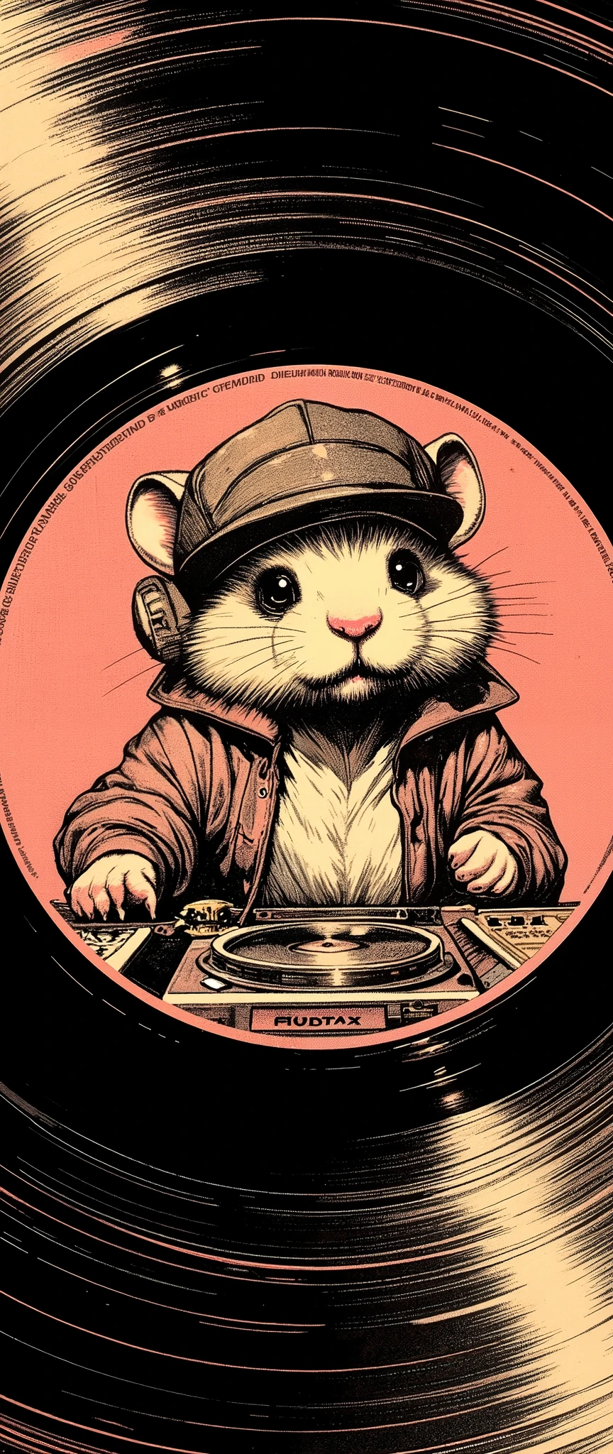 (Masterpiece:1.2, EXCEPTIONAL QUALITY ,Mirror Finish , Cinematic experience , best illustration ), Ultra Fine , tall Highly detailed ,8k,16k, wallpaper,( Enlarged view with an illustration of a funky and cute hamster DJ drawn at the center of the record:2.0),( Simple Design ), promotional art , Record Jacket , record album jacket design , Funk Music,House music , avant-garde , ( 70s funk art :2.0), Feminist Art , comic book style