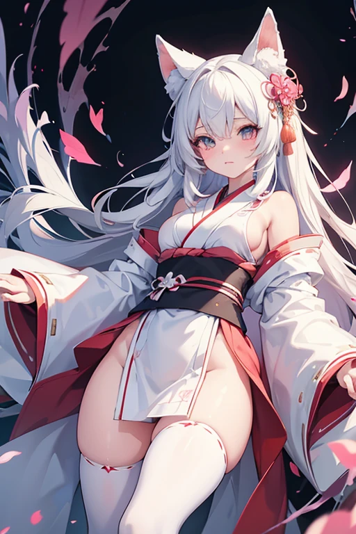 Girl, anime, witch costume, white hair, red eyes, white cat ears, fox tail, shrine, nudity, swallowing white slime, stripped,, eyes risking love