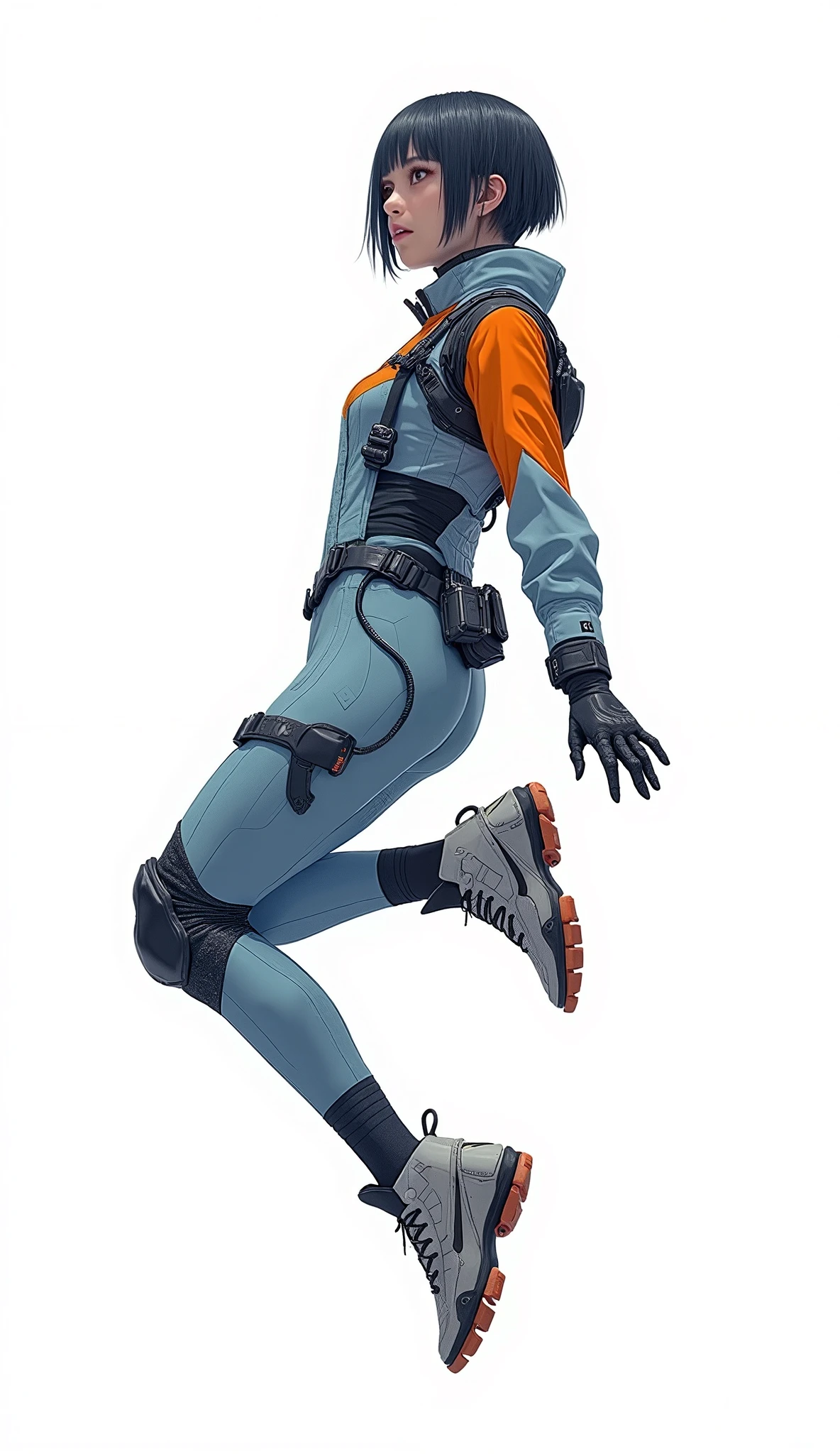 p2chell, 1girl, ponytail, white tank top, orange pants, longfall boots, indoors overgrown test chamber, buttons on poles, computers, round door, <lora:Chell_Portal_2-000014:0.8>, <lora:add_detail:0.4>
