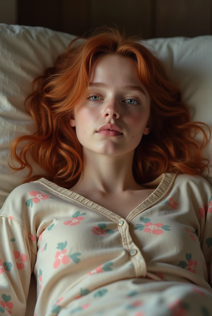 1 girl in, age 13-, One, Aesthetic work of art, Russian redhead, wavy red hair, shoulder length red hair, grey eyes, светло-grey eyes, a few small freckles, pale skin, full-length nude, small firm perfect pear-shaped breasts, large puffy nipples (textured leather, skin pores:1.1), (moles:0.8), imperfect skin, goosebumps, in a dimly lit bedroom, lying down, lying down на кровати, (Sleeping position: 1.4), (sad:1.3), Depressive expression, pouting, (extremely detailed 8K wallpaper), soft lighting, high quality, granularity, Fujifilm XT3 sharp focus, the same 5.6, 50 mm, high detail, Sharp Focus,(natural light), (seductive), oversized thin blue t-shirt, blue t-shirt, realistic, ультра realistic, фото realistic, Crazy details, complex parts, hyper detailed,