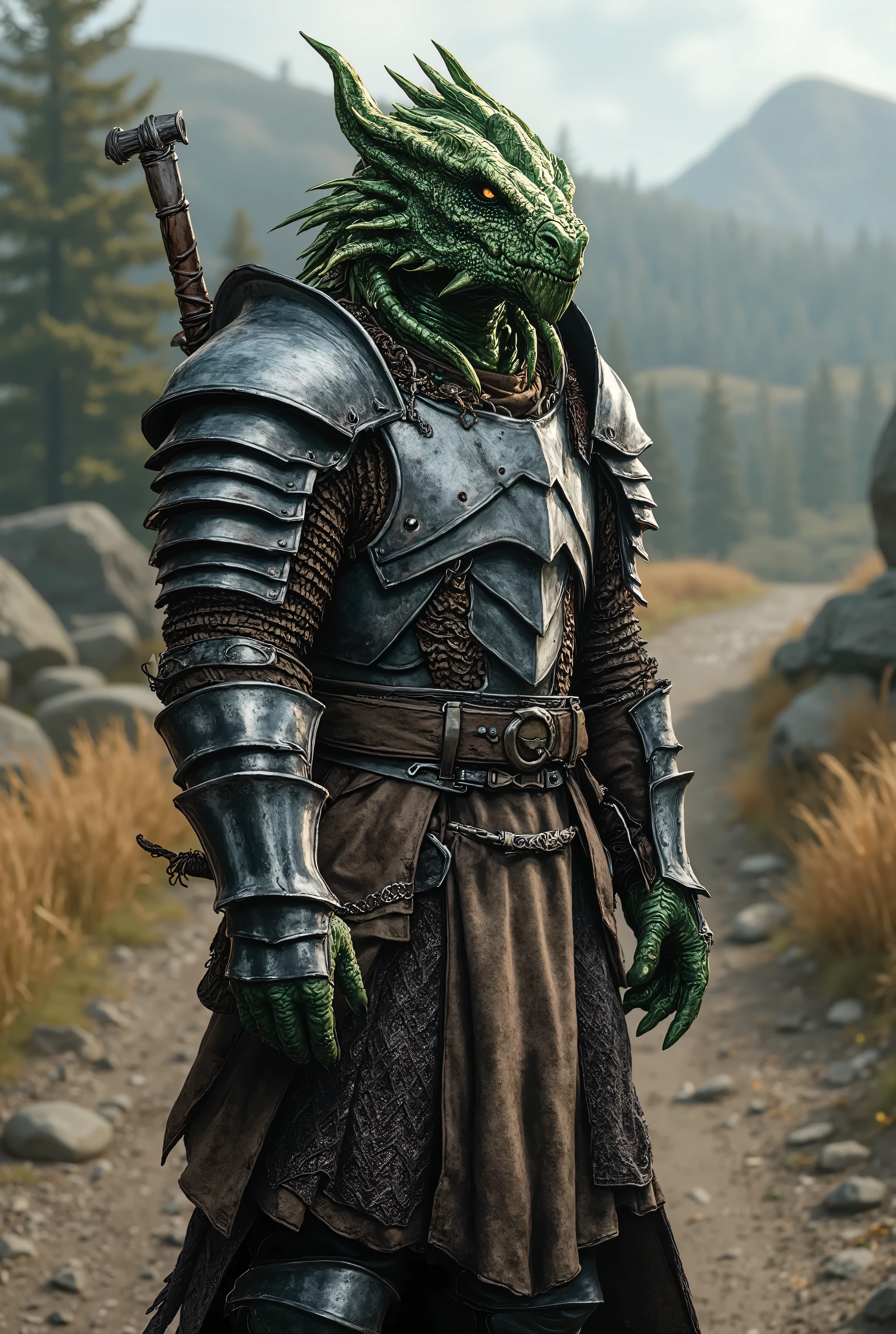 a close up of a person in armor standing on a dirt road, male green dragonborn, with scaly-looking armor, argonian, dragon inspired armor, grey armor, dragon ancient full plate armor, draconic looking armor, fantasy inspired dragon armor, eso armor, dragon scale armor, dragon armor, dragonborn, safi'jiiva armor, pale black armor, warhammer, dark robes,